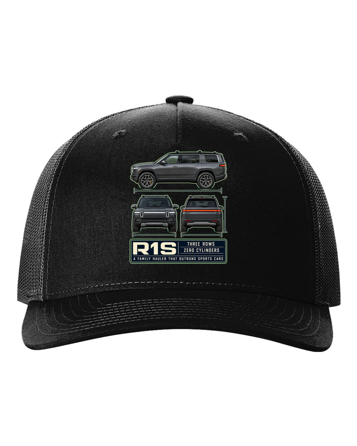 Three-view drawing with spec table print of the Rivian R1S seven-seat electric SUV black hat front view with the design