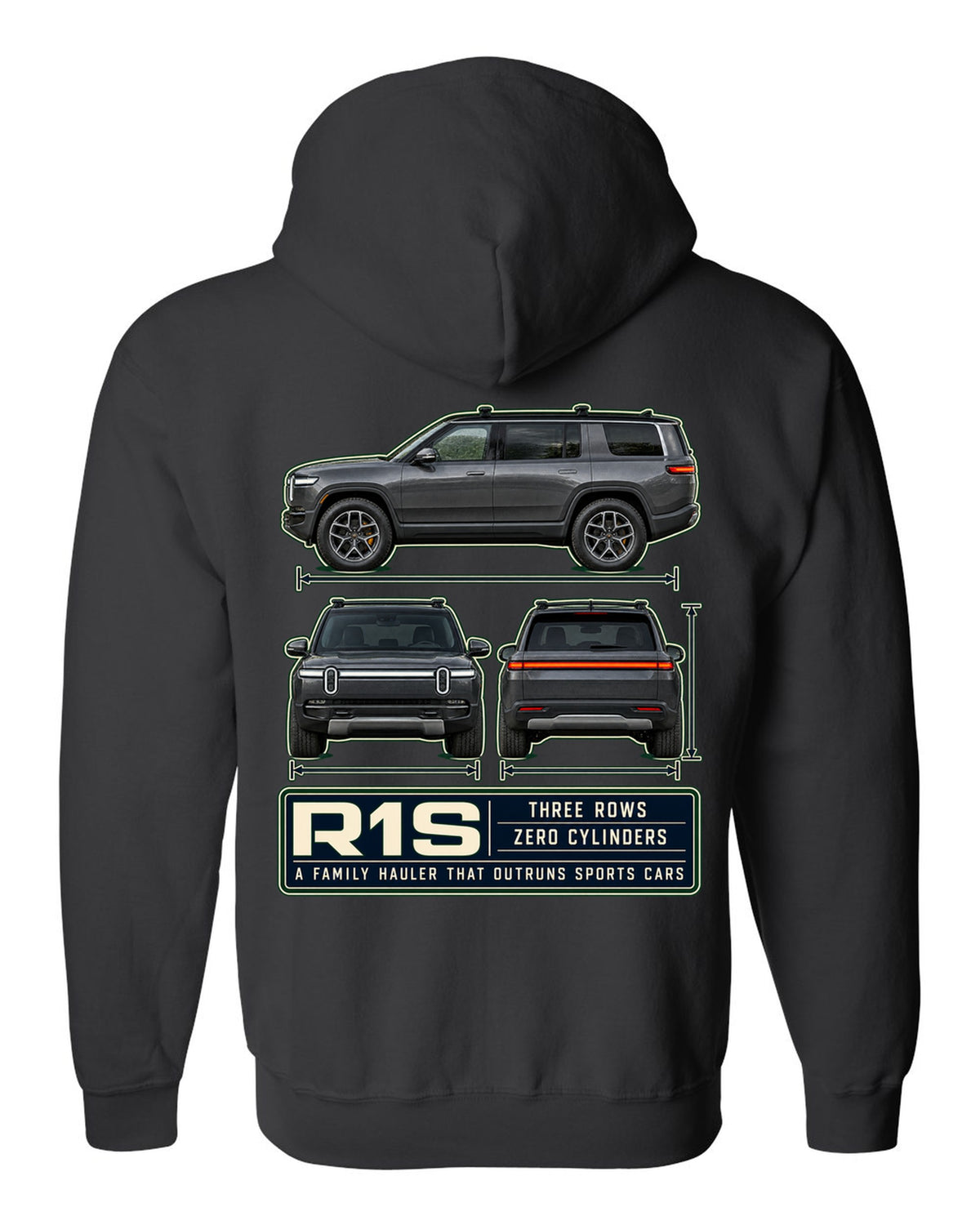 Three-view drawing with spec table print of the Rivian R1S seven-seat electric SUV black zip hoodie back view with the design
