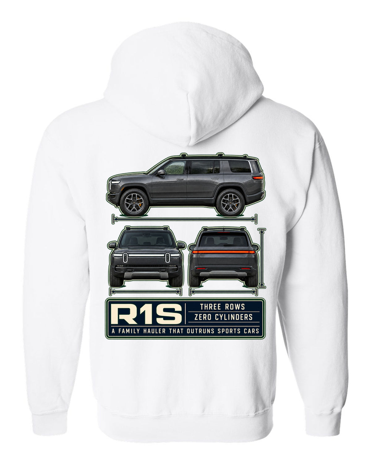 Three-view drawing with spec table print of the Rivian R1S seven-seat electric SUV white zip hoodie back view with the design