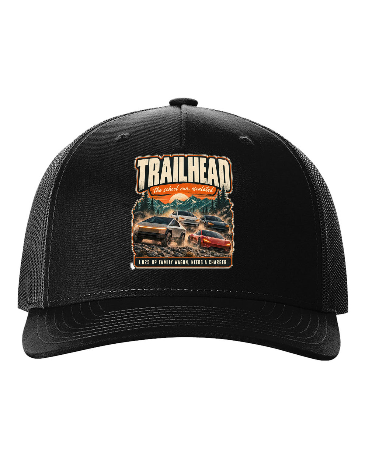 Street poster print of a Rivian R1S with trailhead and horsepower text black hat front view with the design