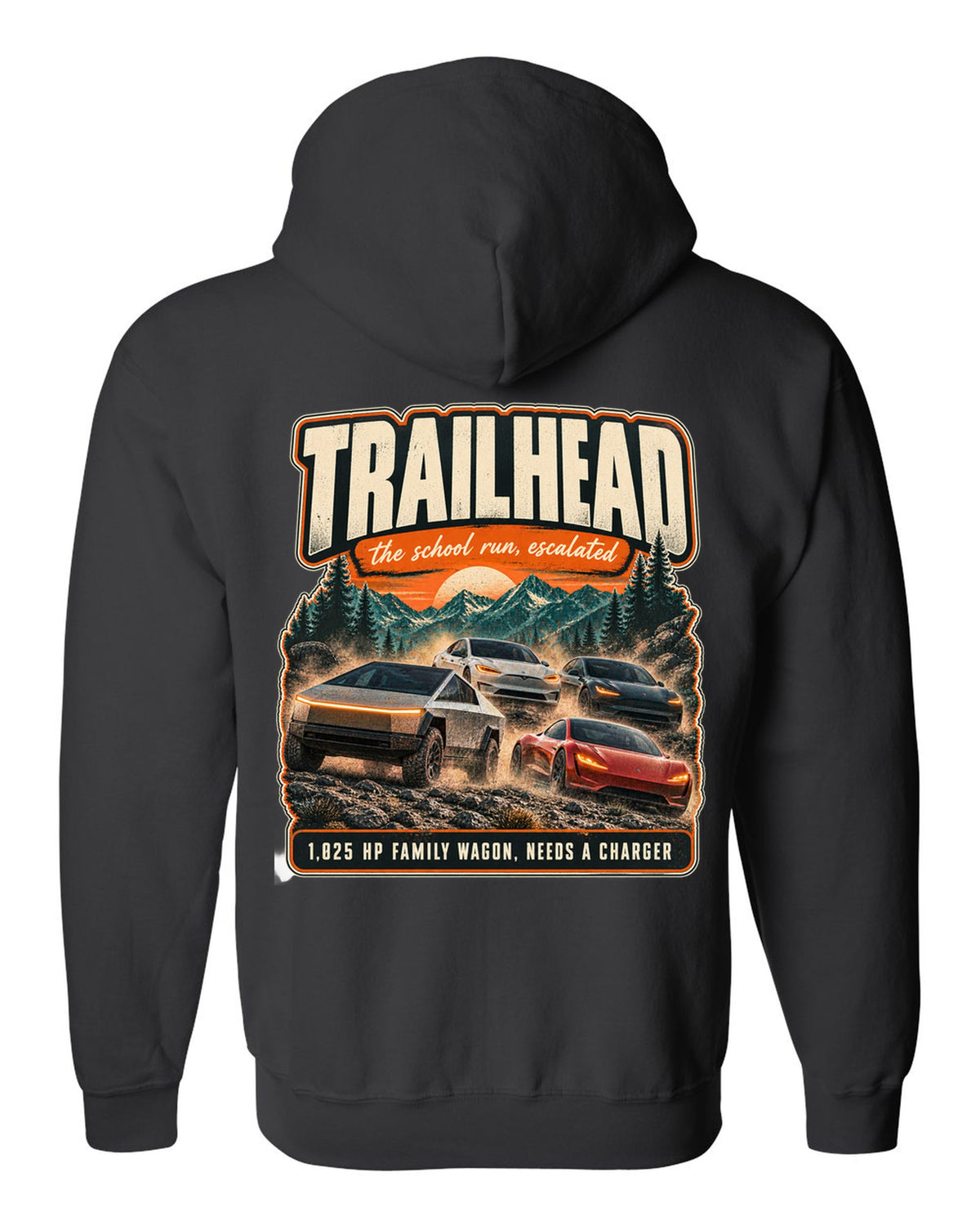 Street poster print of a Rivian R1S with trailhead and horsepower text black zip hoodie back view with the design