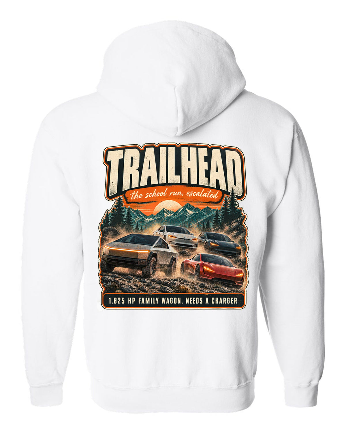 Street poster print of a Rivian R1S with trailhead and horsepower text white zip hoodie back view with the design