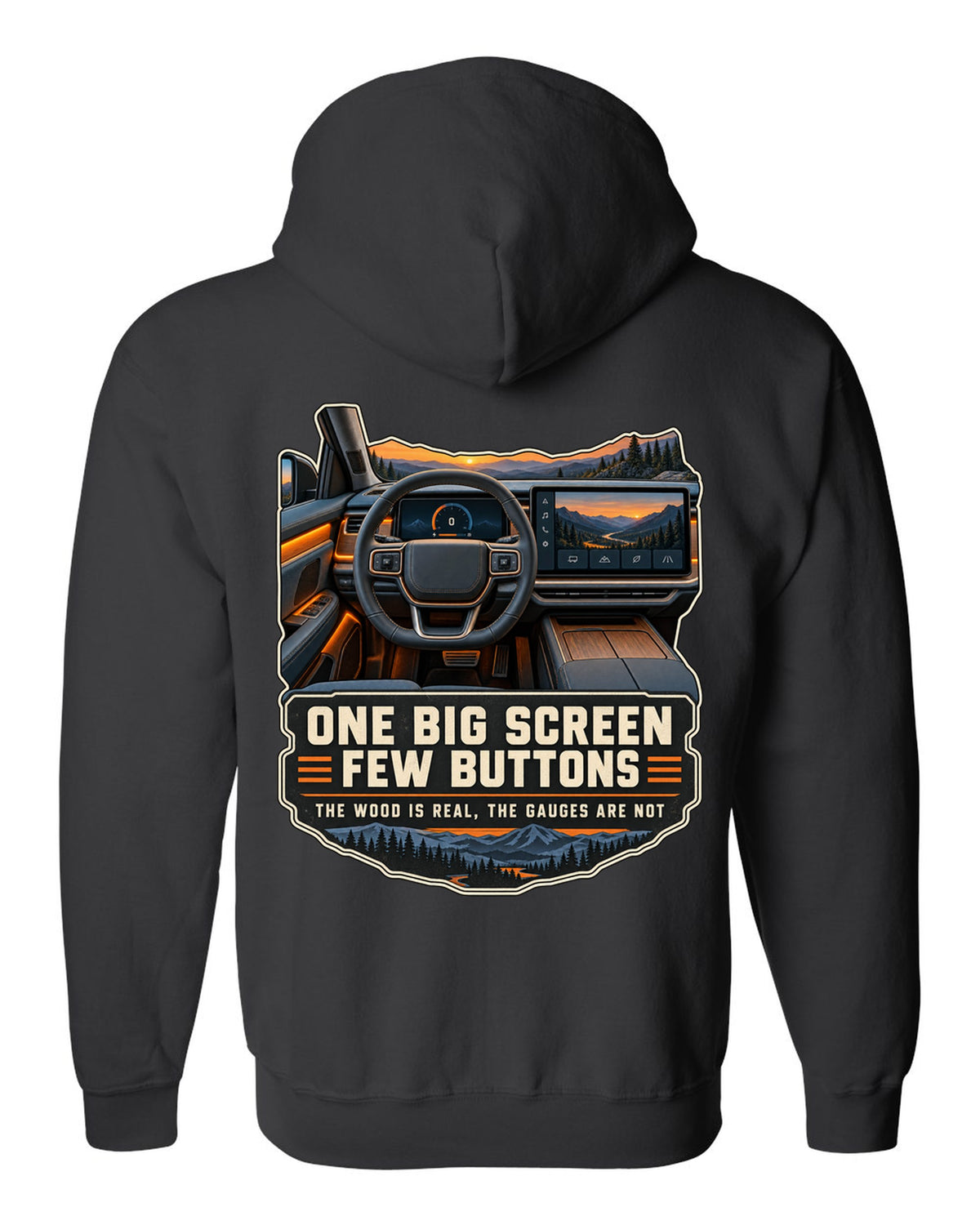 Cockpit and gauge print of a Rivian R1T interior with a large central screen black zip hoodie back view with the design