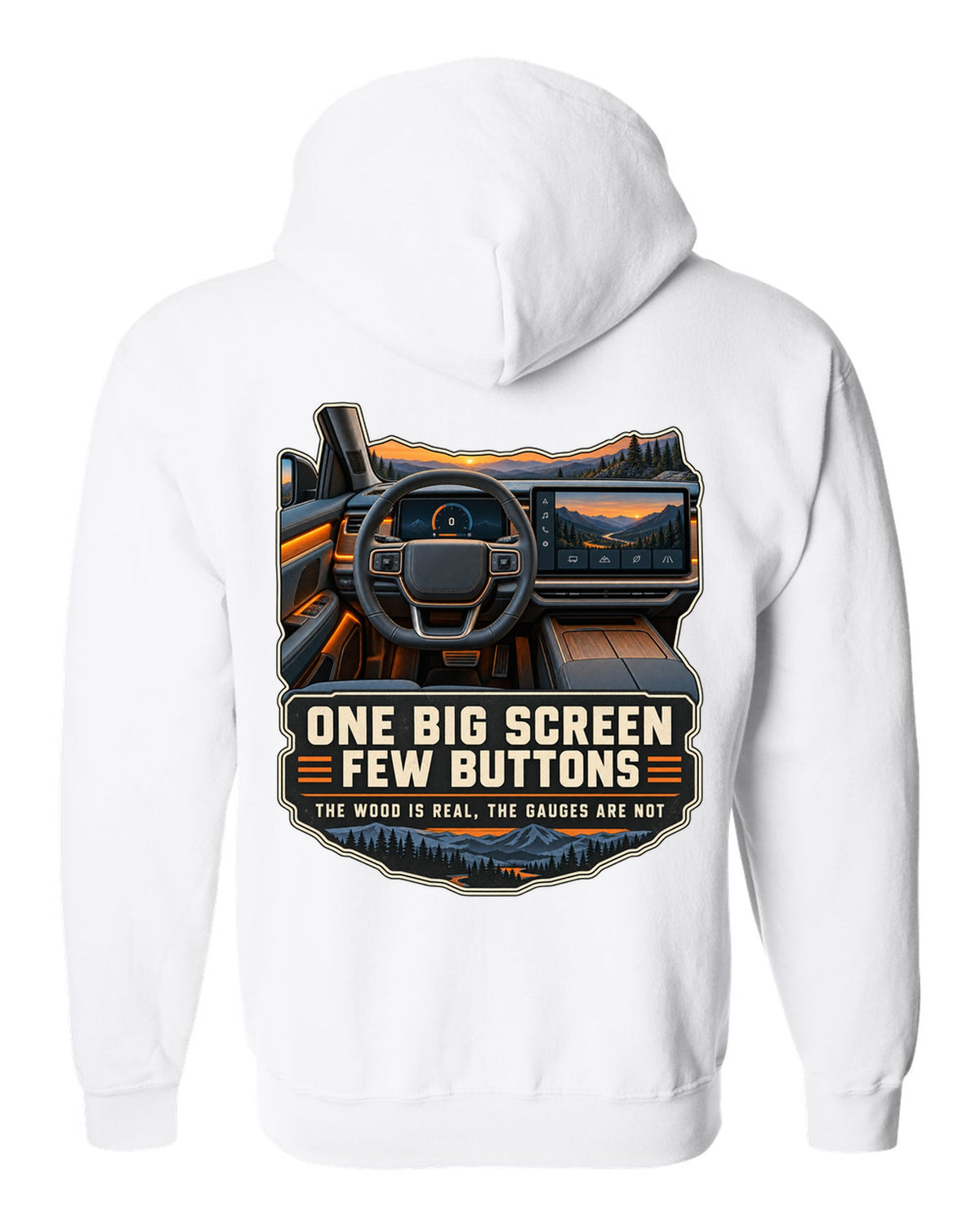 Cockpit and gauge print of a Rivian R1T interior with a large central screen white zip hoodie back view with the design