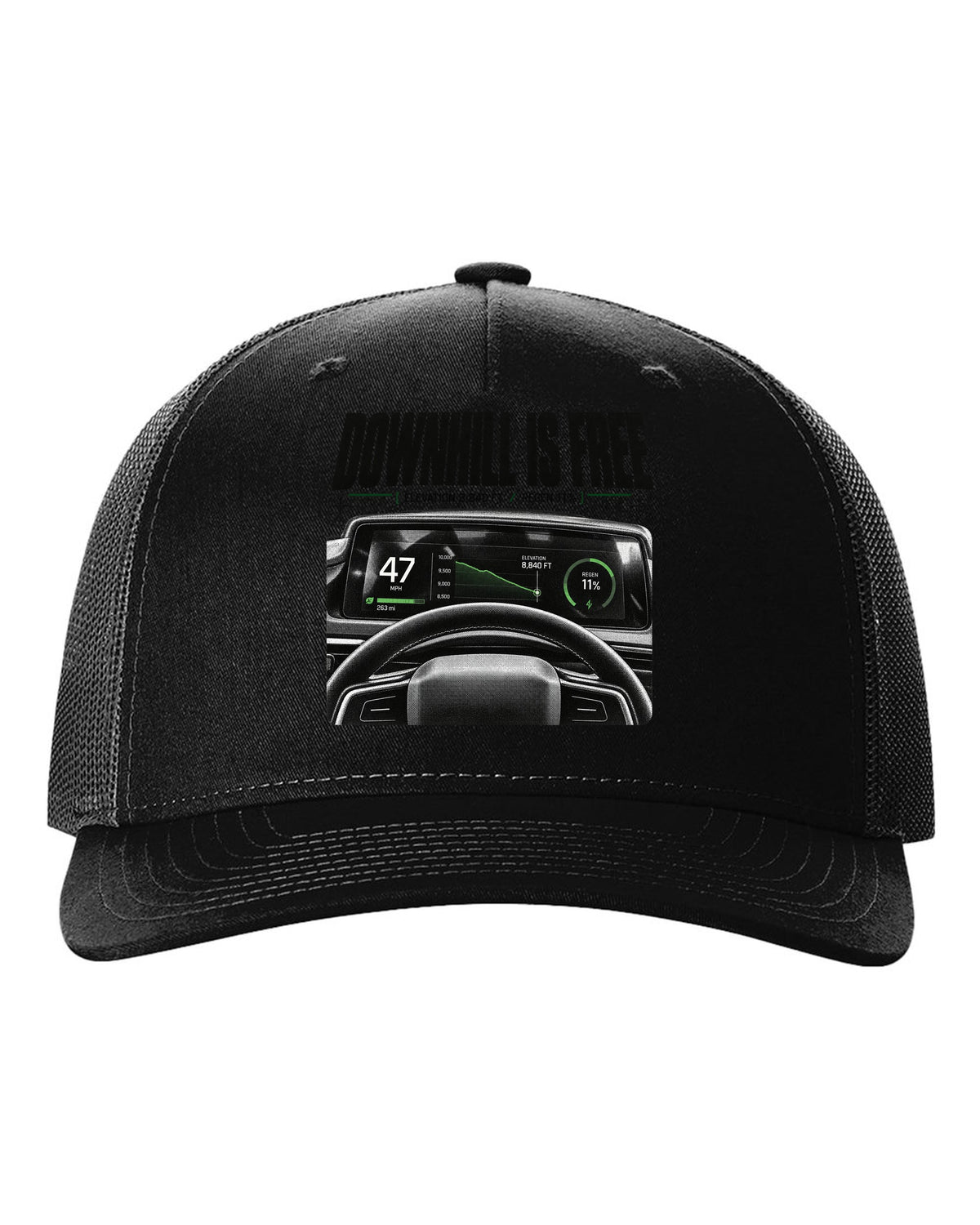 Rivian R1T 2022 cockpit gauge readout with downhill is free, elevation 8,840 ft and regen 11% black hat front view with the design