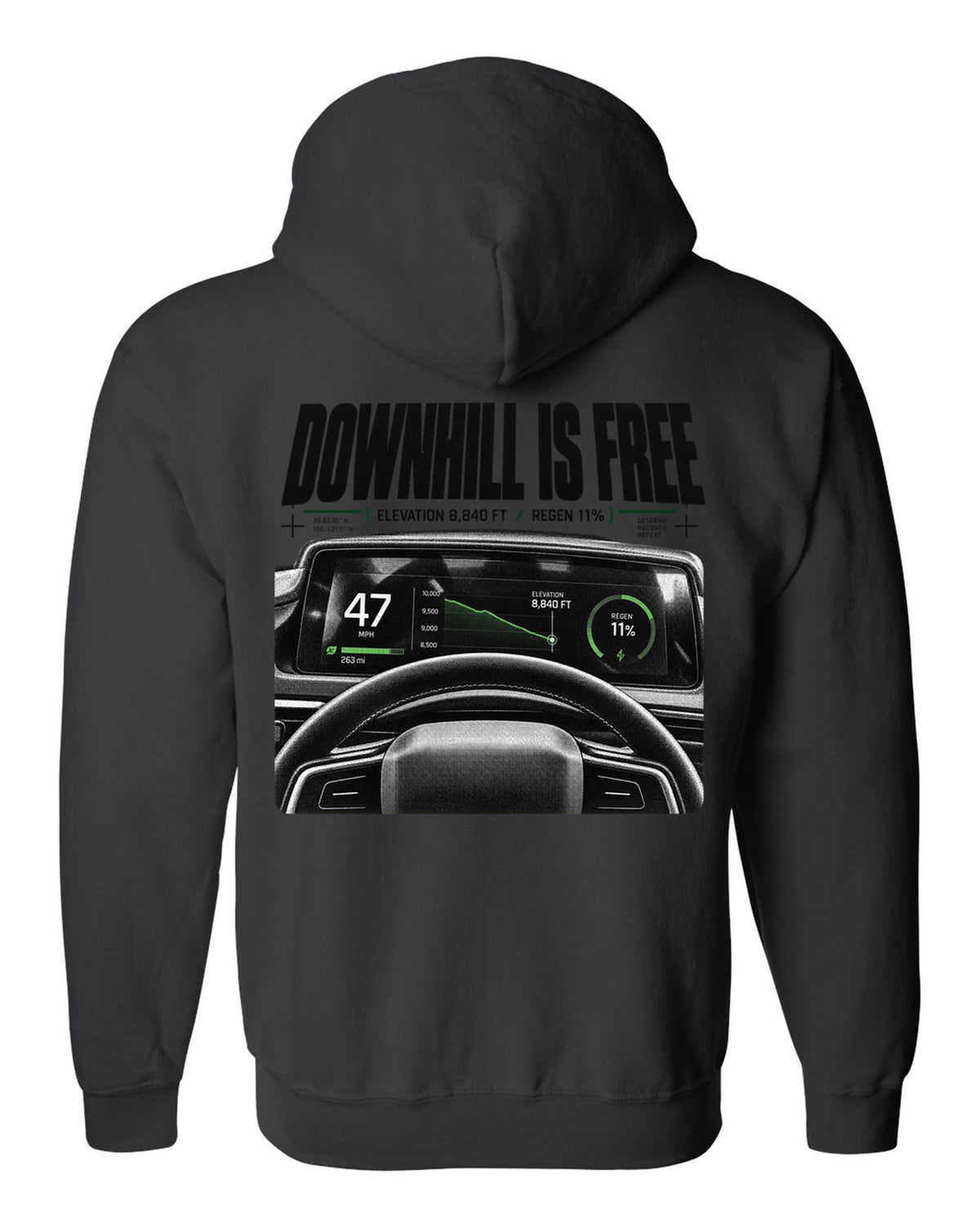 Rivian R1T 2022 cockpit gauge readout with downhill is free, elevation 8,840 ft and regen 11% black zip hoodie back view with the design