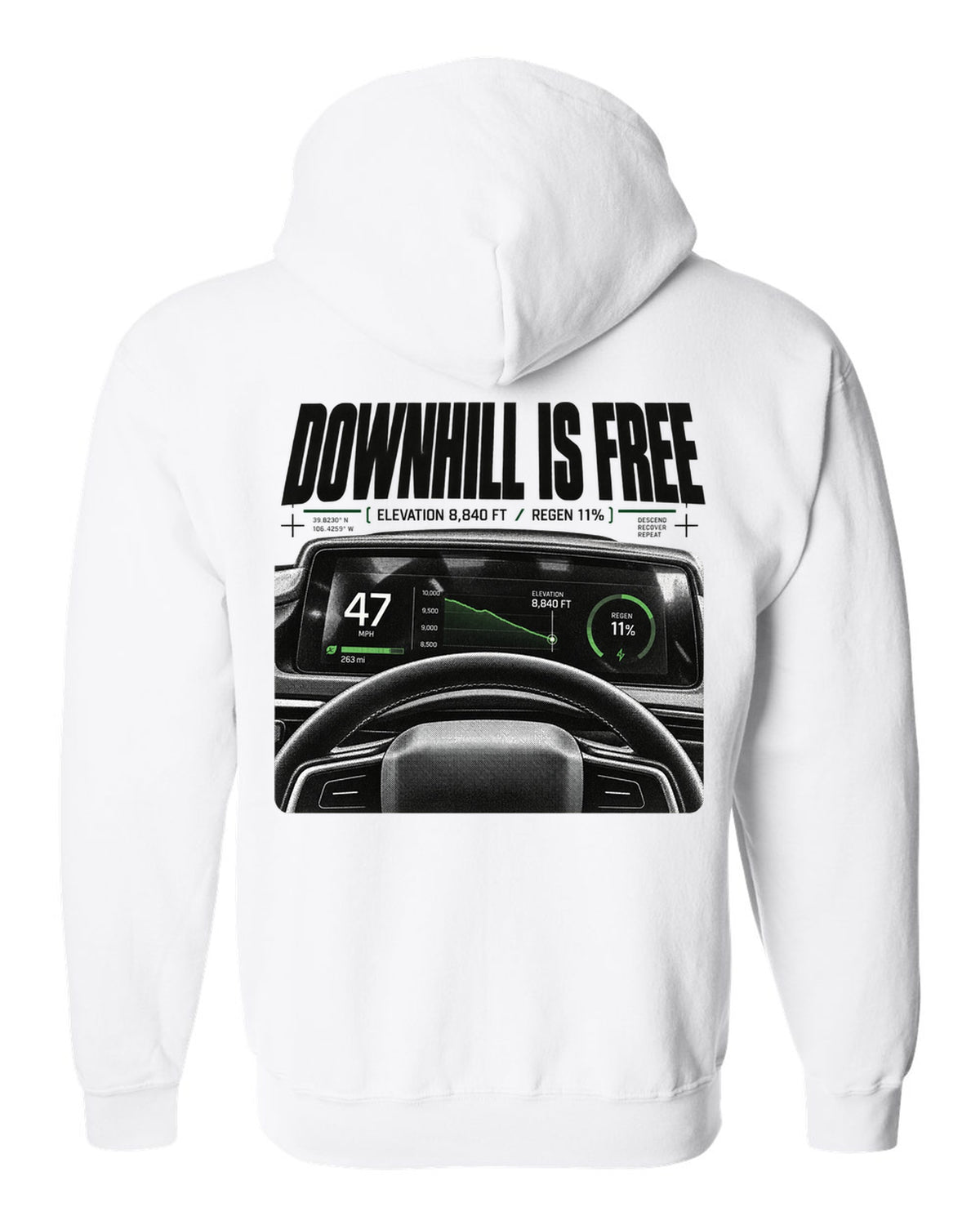 Rivian R1T 2022 cockpit gauge readout with downhill is free, elevation 8,840 ft and regen 11% white zip hoodie back view with the design