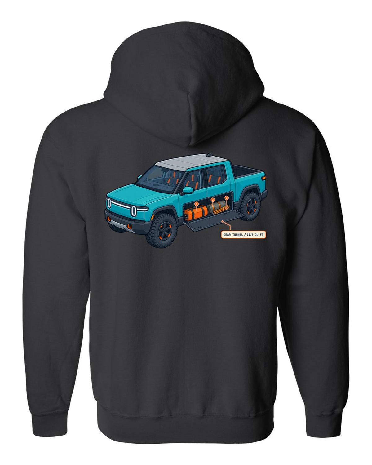 Isometric cutaway technical illustration print of a Rivian R1T reading Gear Tunnel 11.7 Cu Ft black zip hoodie back view with the design