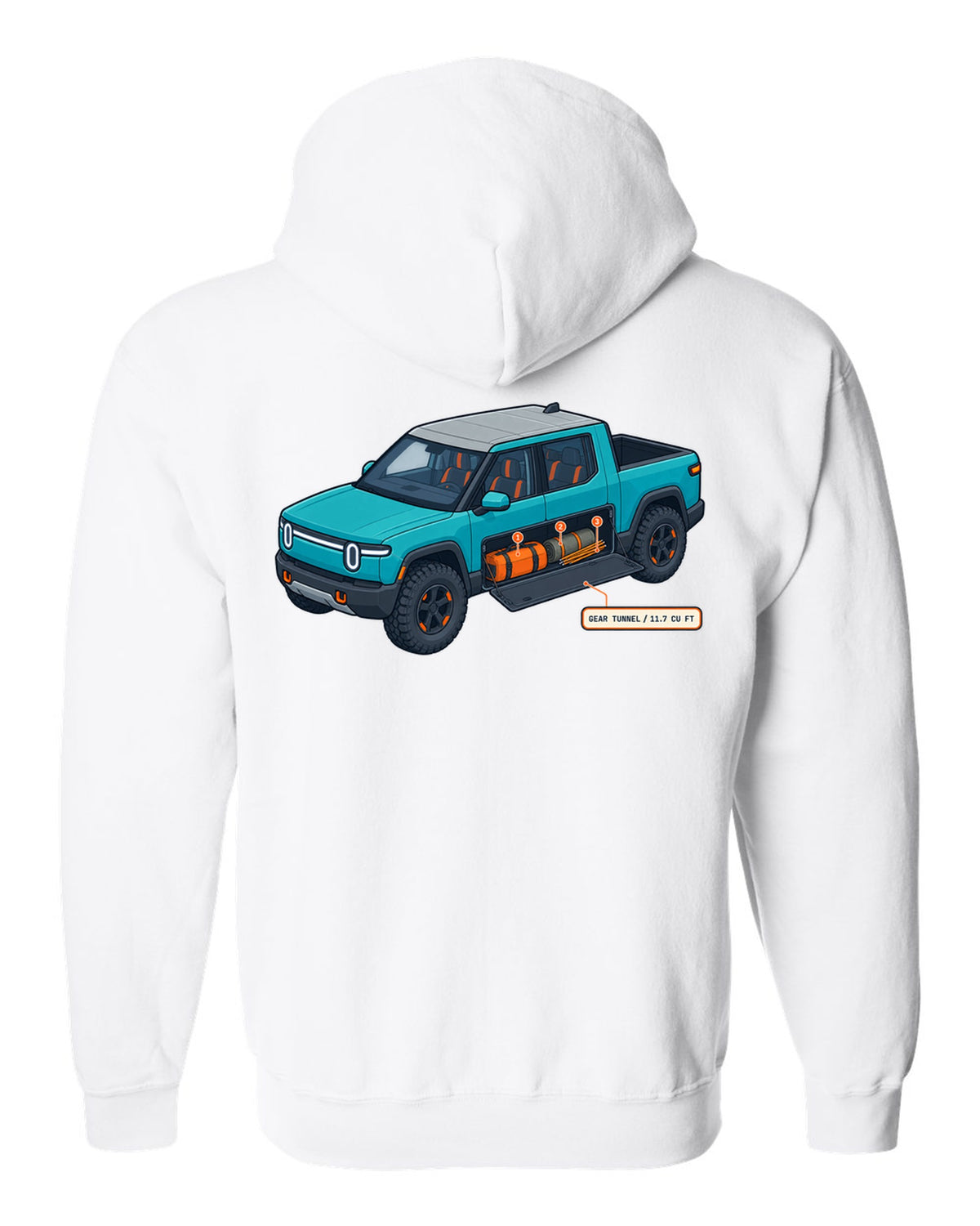 Isometric cutaway technical illustration print of a Rivian R1T reading Gear Tunnel 11.7 Cu Ft white zip hoodie back view with the design