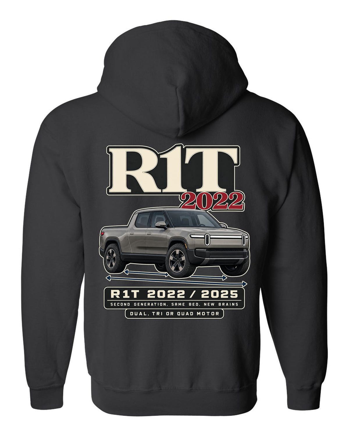 Archive panel print of a Rivian R1T Gen 2 with 2022 and 2025 model years black zip hoodie back view with the design