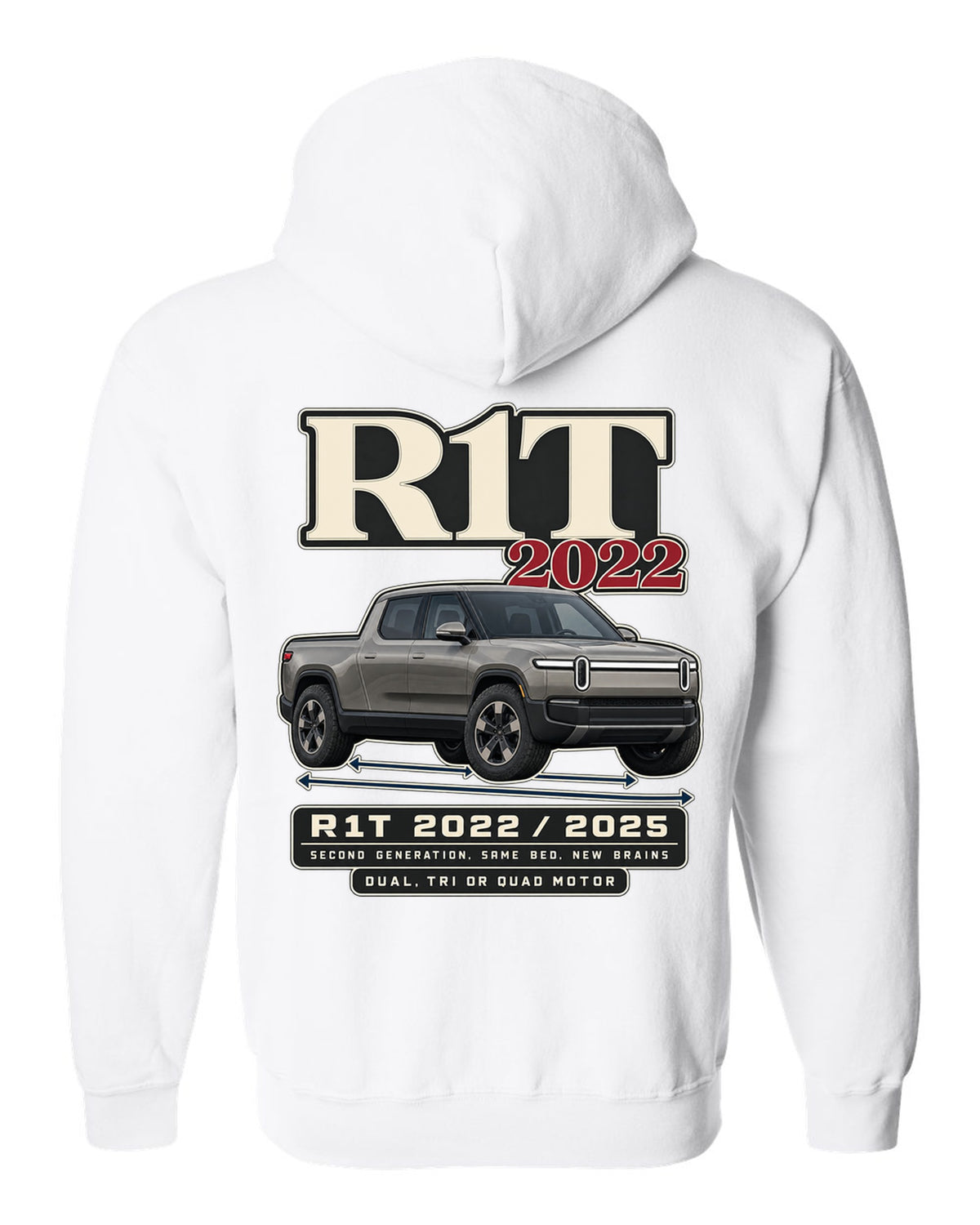 Archive panel print of a Rivian R1T Gen 2 with 2022 and 2025 model years white zip hoodie back view with the design