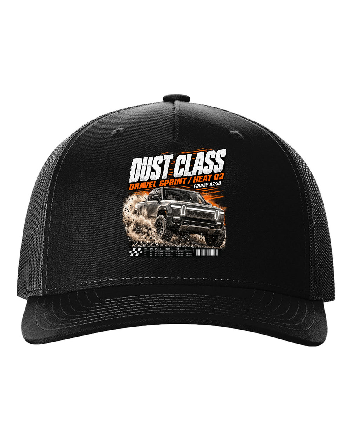 Rivian R1T Gen 2 2025 race poster reading Dust Class, gravel sprint, heat 03 black hat front view with the design
