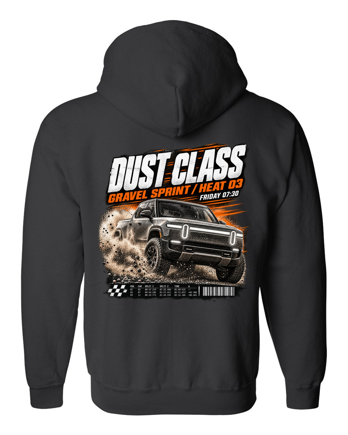 Rivian R1T Gen 2 2025 race poster reading Dust Class, gravel sprint, heat 03 black zip hoodie back view with the design