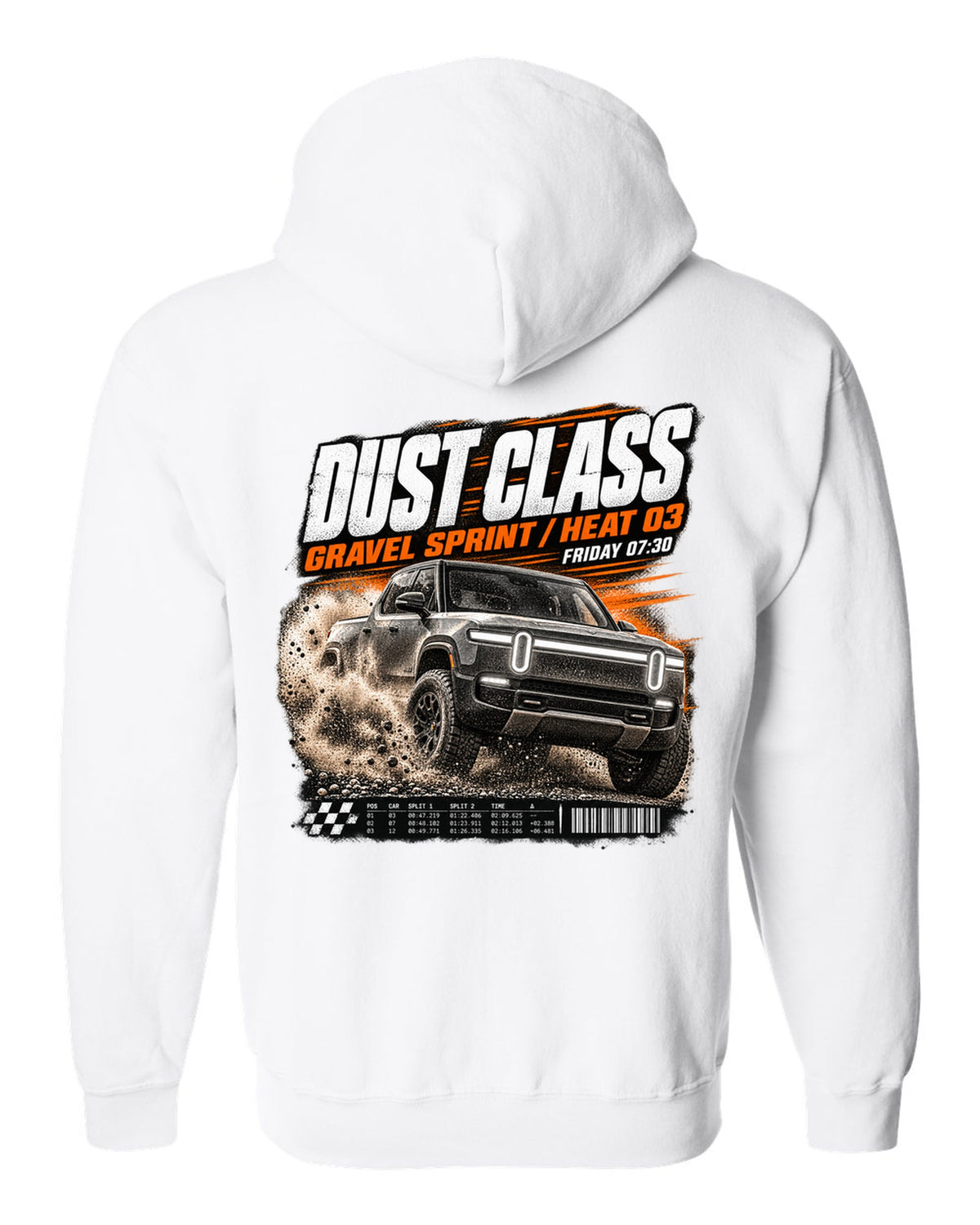 Rivian R1T Gen 2 2025 race poster reading Dust Class, gravel sprint, heat 03 white zip hoodie back view with the design