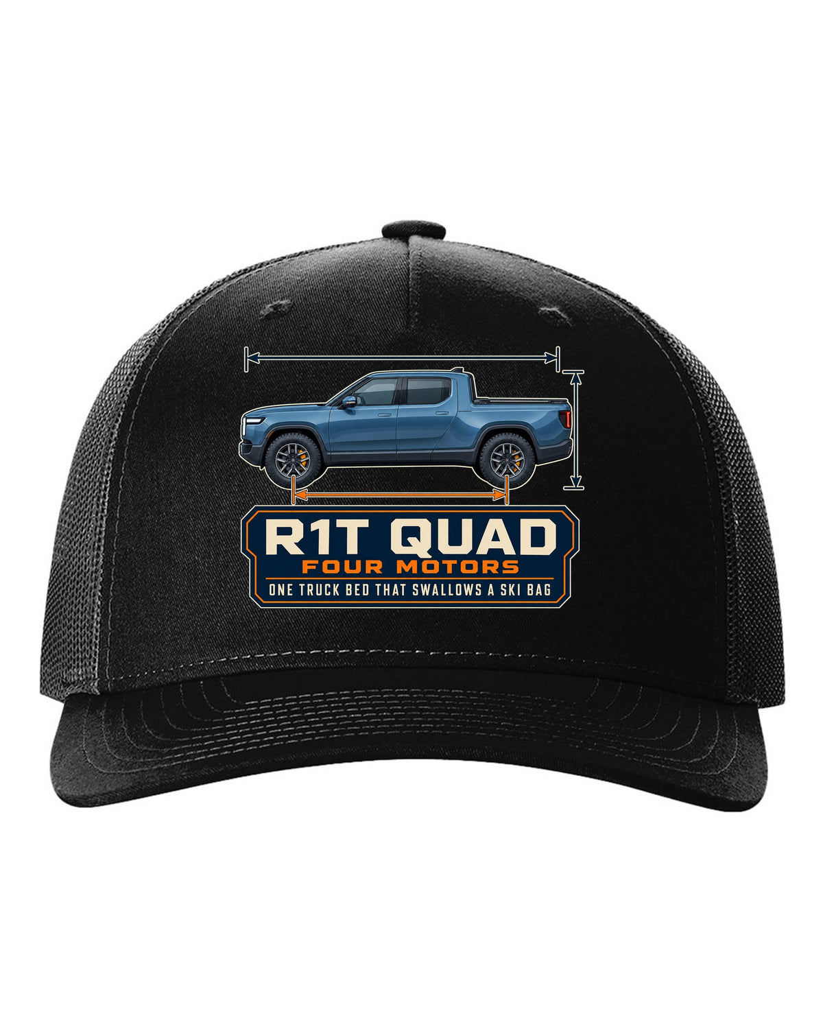 Dimension blueprint print of the Rivian R1T quad-motor electric truck black hat front view with the design