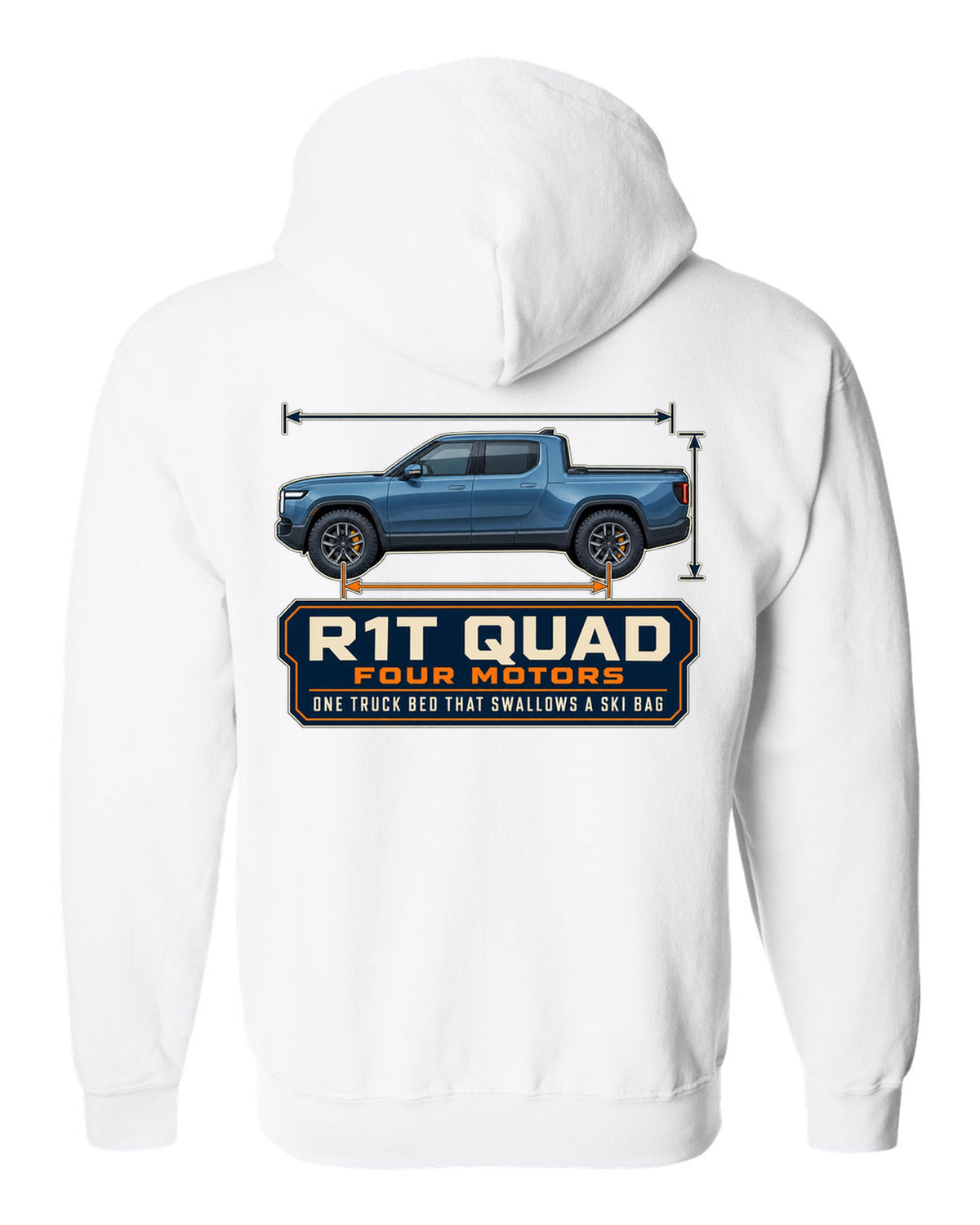 Dimension blueprint print of the Rivian R1T quad-motor electric truck white zip hoodie back view with the design