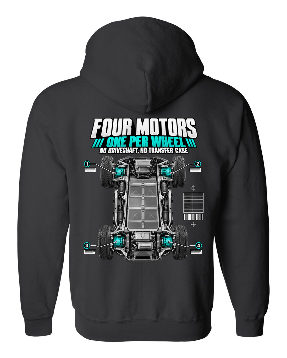 Rivian R1T Quad Motor 2022 layout with four motors, one per wheel, no driveshaft and no transfer case black zip hoodie back view with the design