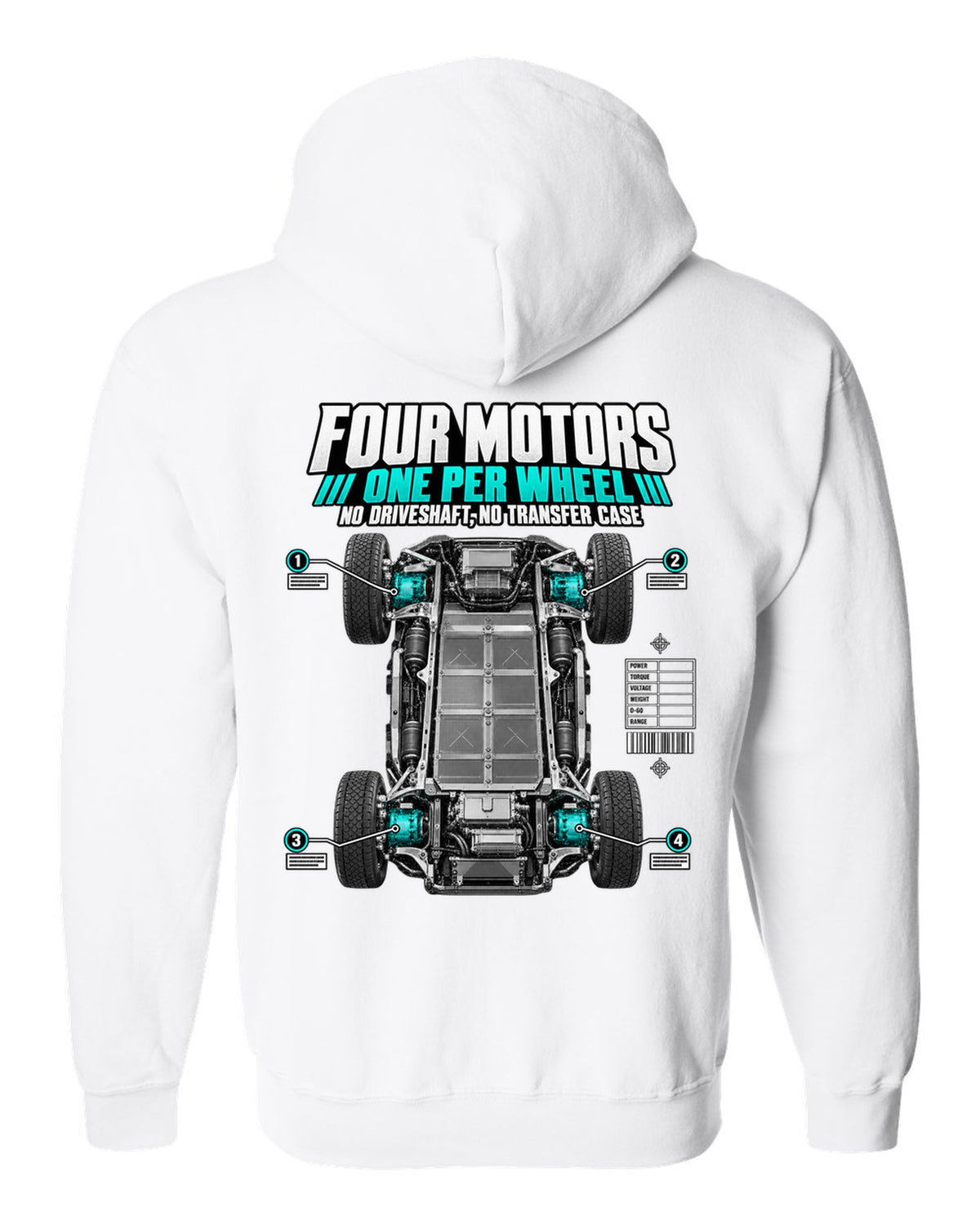 Rivian R1T Quad Motor 2022 layout with four motors, one per wheel, no driveshaft and no transfer case white zip hoodie back view with the design