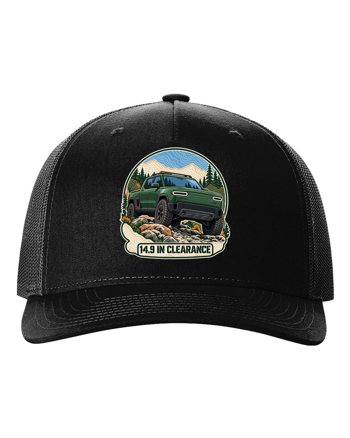 Topographic contour map illustration print of a Rivian R1T reading 14.9 In Clearance black hat front view with the design