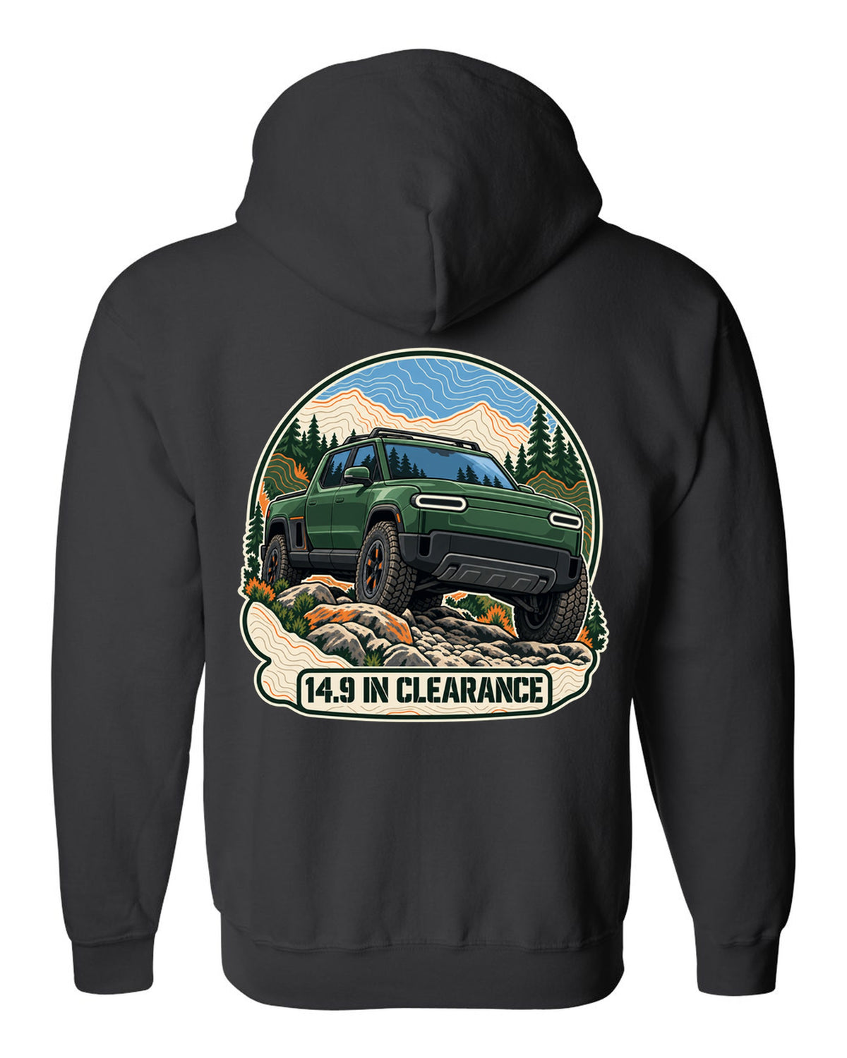 Topographic contour map illustration print of a Rivian R1T reading 14.9 In Clearance black zip hoodie back view with the design