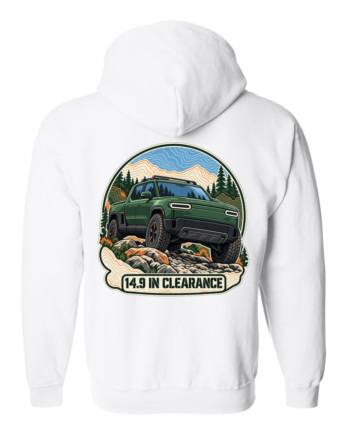 Topographic contour map illustration print of a Rivian R1T reading 14.9 In Clearance white zip hoodie back view with the design