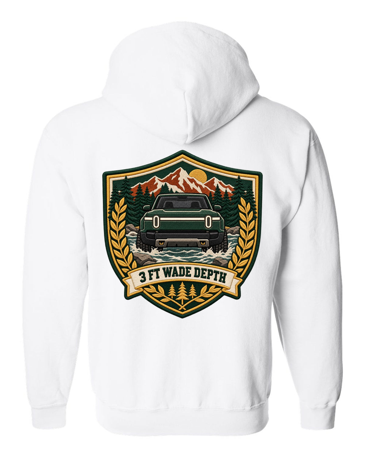 Rivian R1T varsity shield crest print with the text 3 ft wade depth white zip hoodie back view with the design