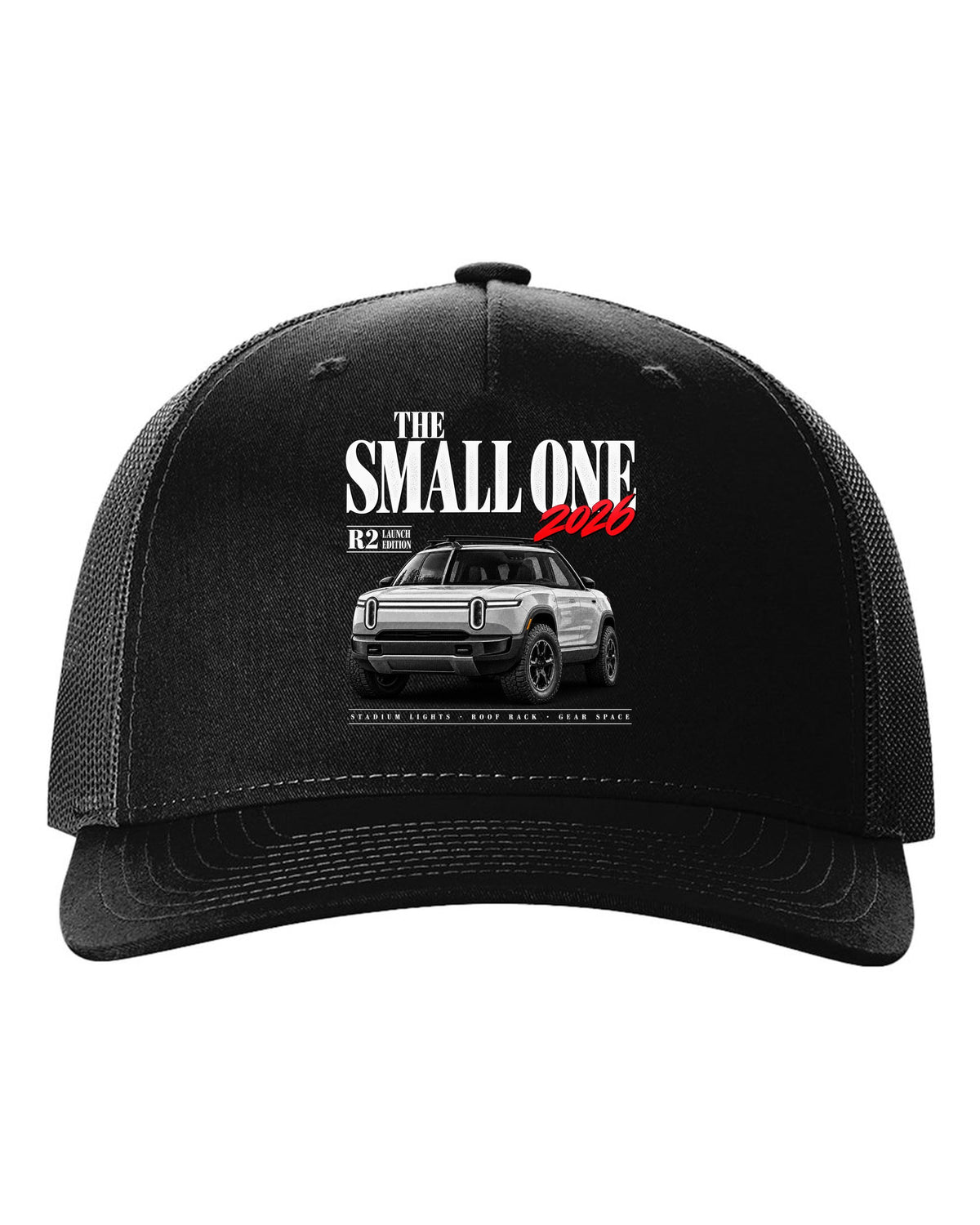 Rivian R2 2026 launch edition editorial headline reading The Small One black hat front view with the design