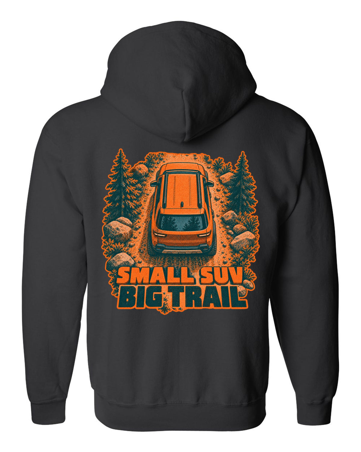 Rivian R2 overhead risograph duotone print with the text small SUV big trail black zip hoodie back view with the design