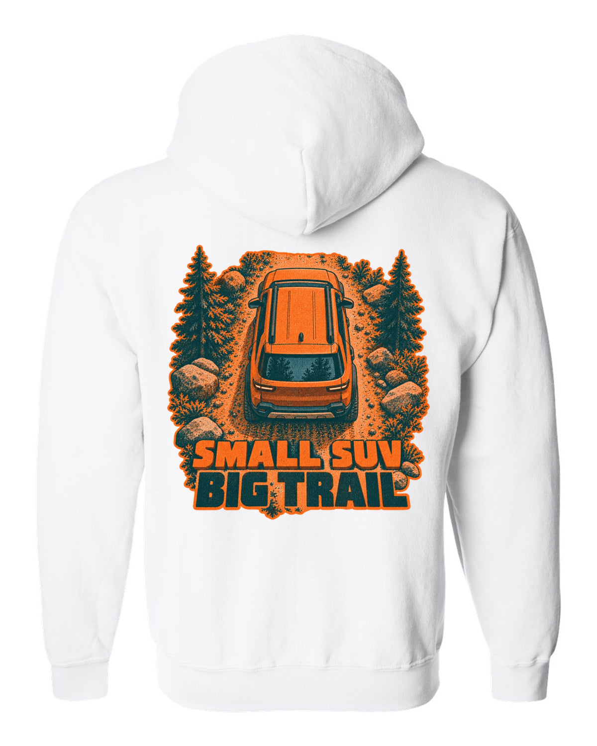 Rivian R2 overhead risograph duotone print with the text small SUV big trail white zip hoodie back view with the design