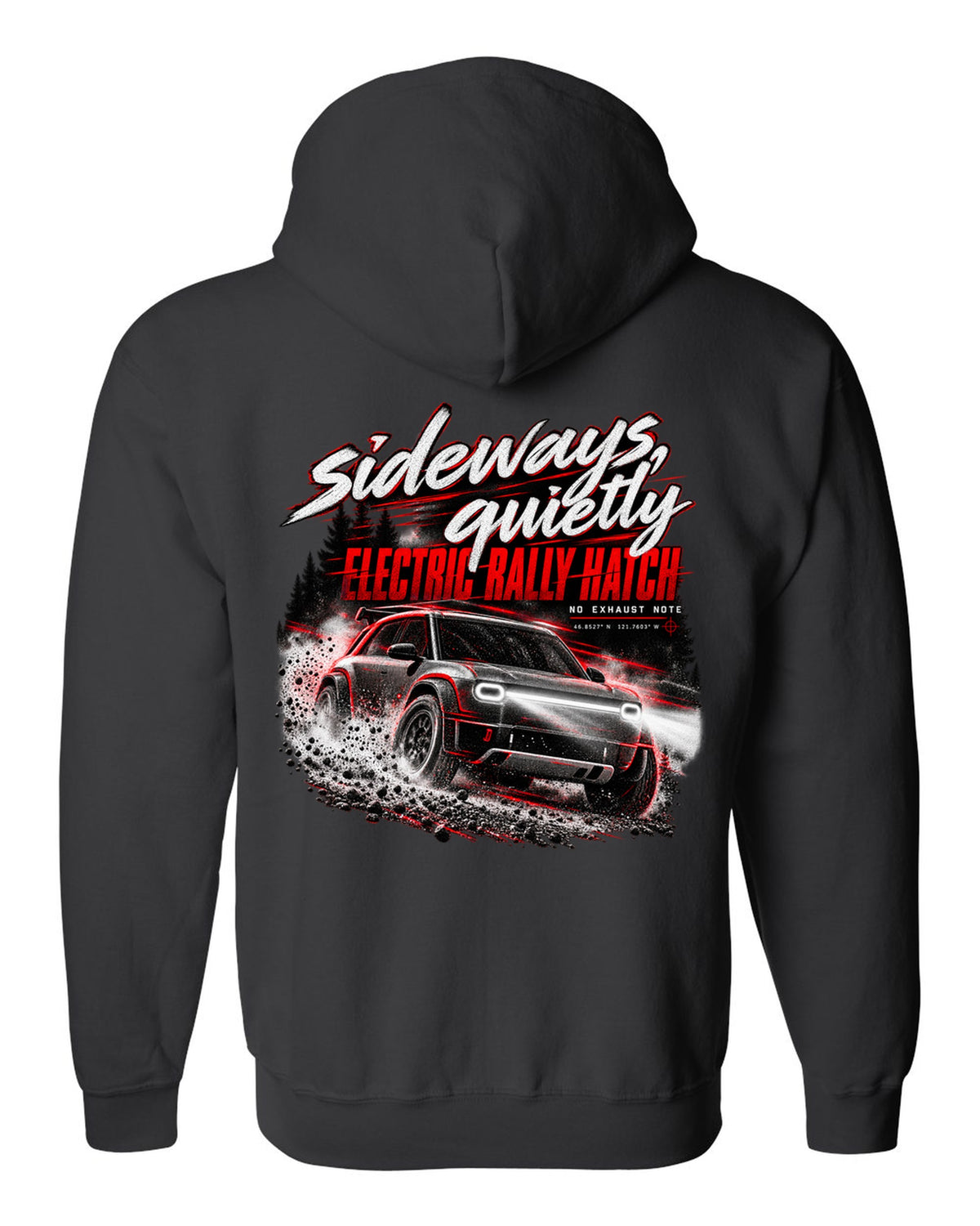 Rivian R3X 2027 sliding on a night touge with the text sideways quietly, electric rally ch black zip hoodie back view with the design