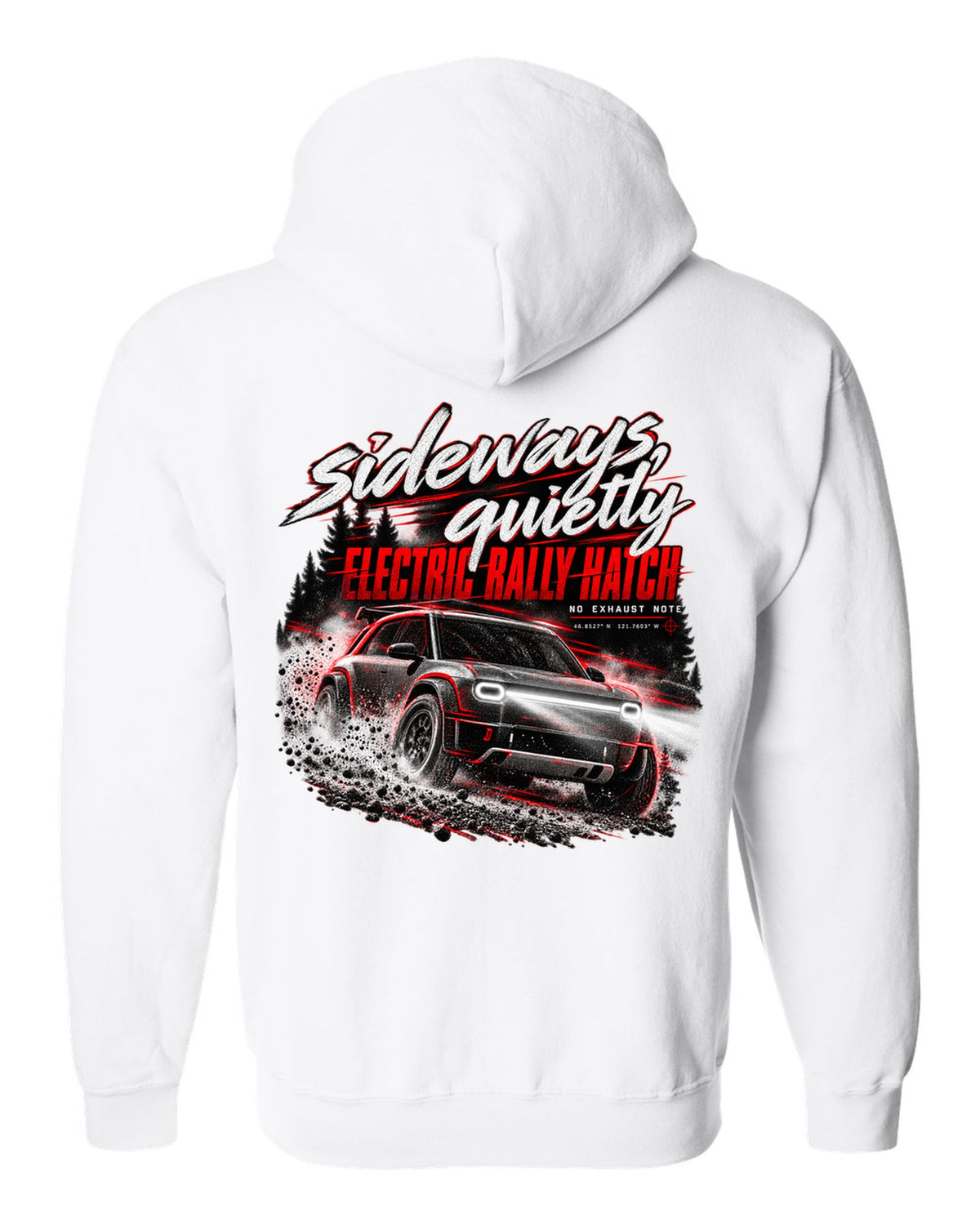 Rivian R3X 2027 sliding on a night touge with the text sideways quietly, electric rally ch white zip hoodie back view with the design