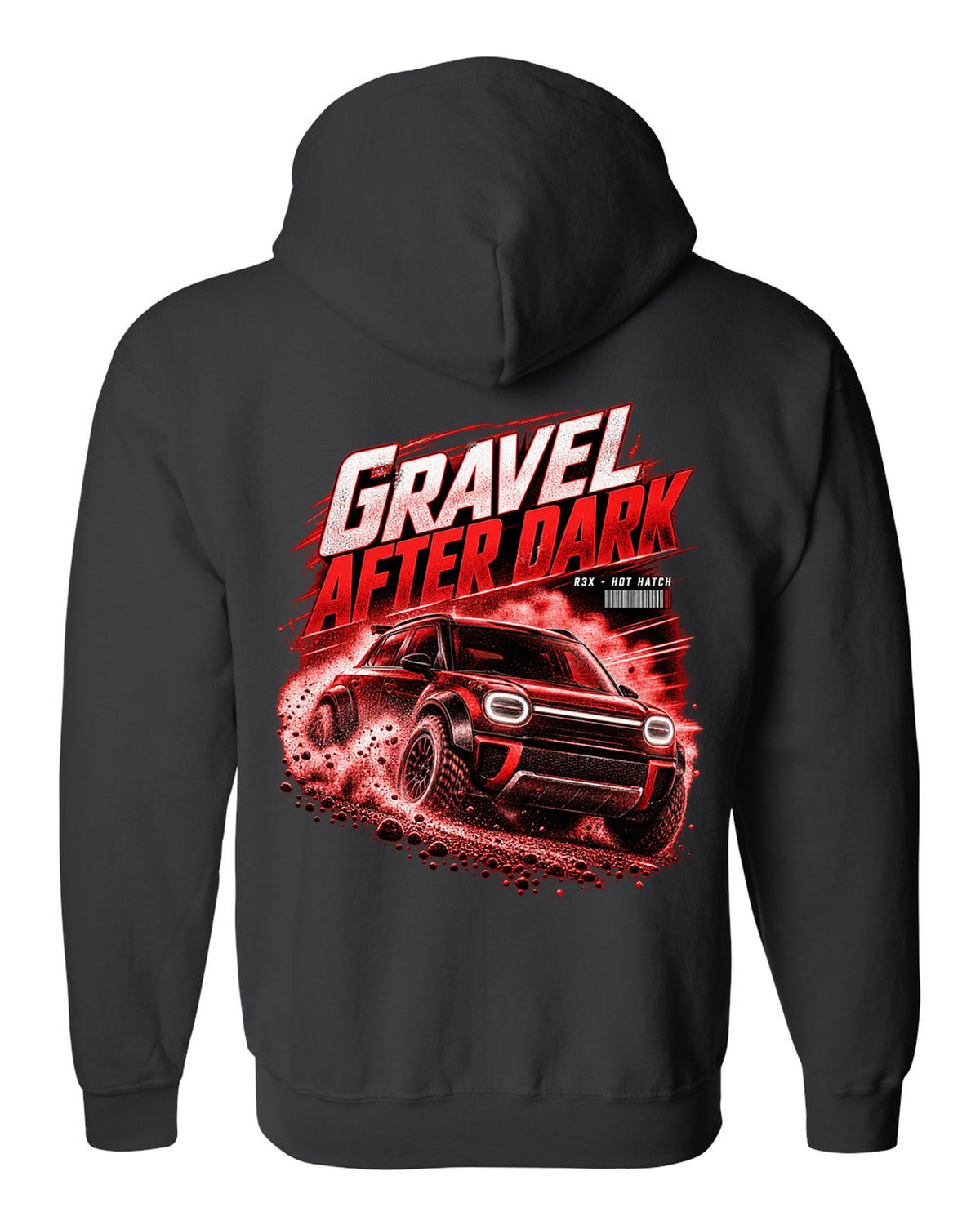 Rivian R3X hot ch with rally flares on a gravel road at night black zip hoodie back view with the design