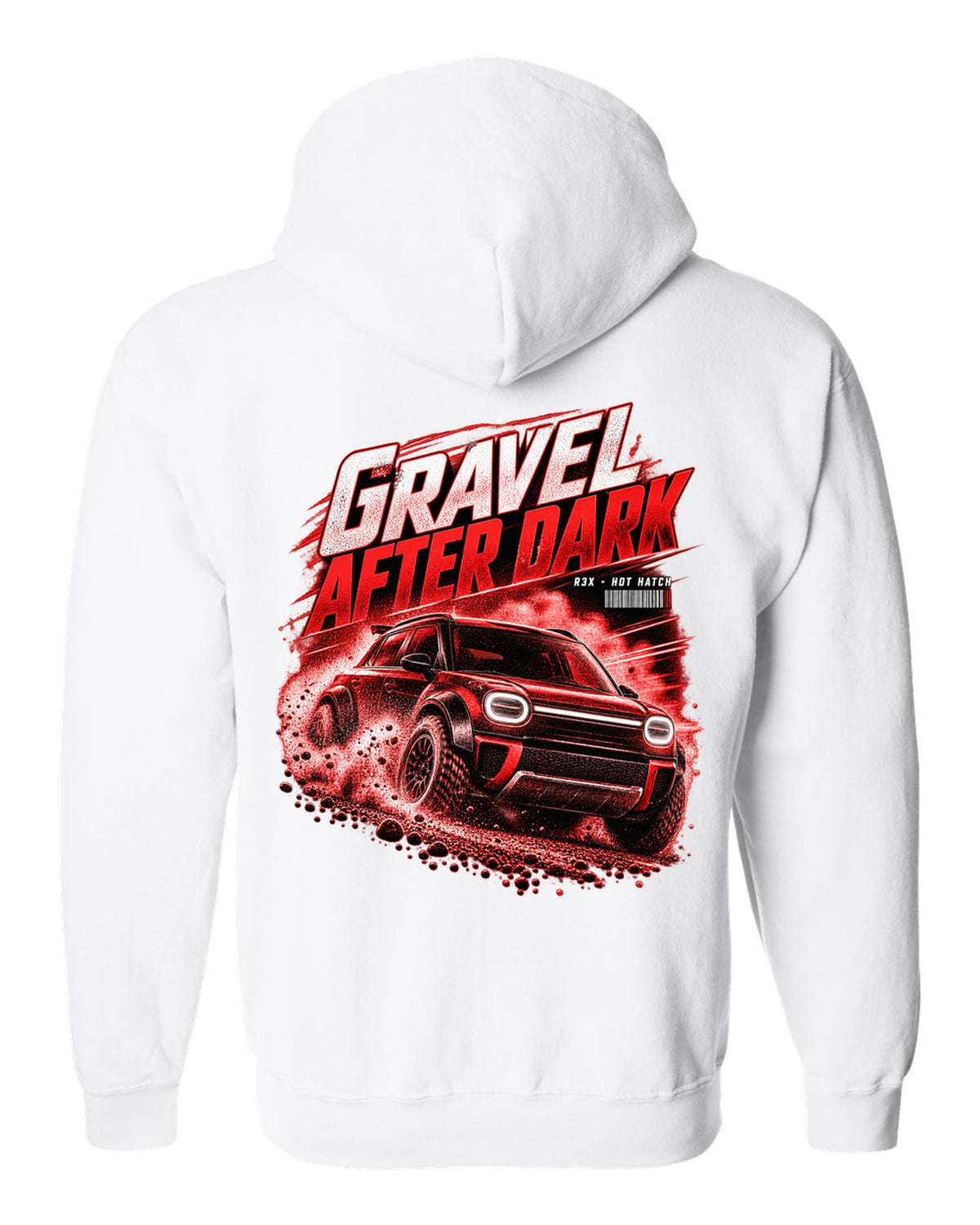Rivian R3X hot ch with rally flares on a gravel road at night white zip hoodie back view with the design