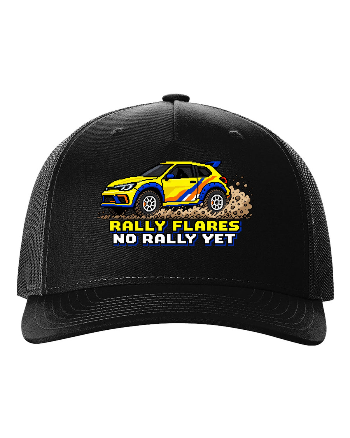 Rivian R3X 16-bit pixel art gravel slide print with the text rally flares no rally yet black hat front view with the design