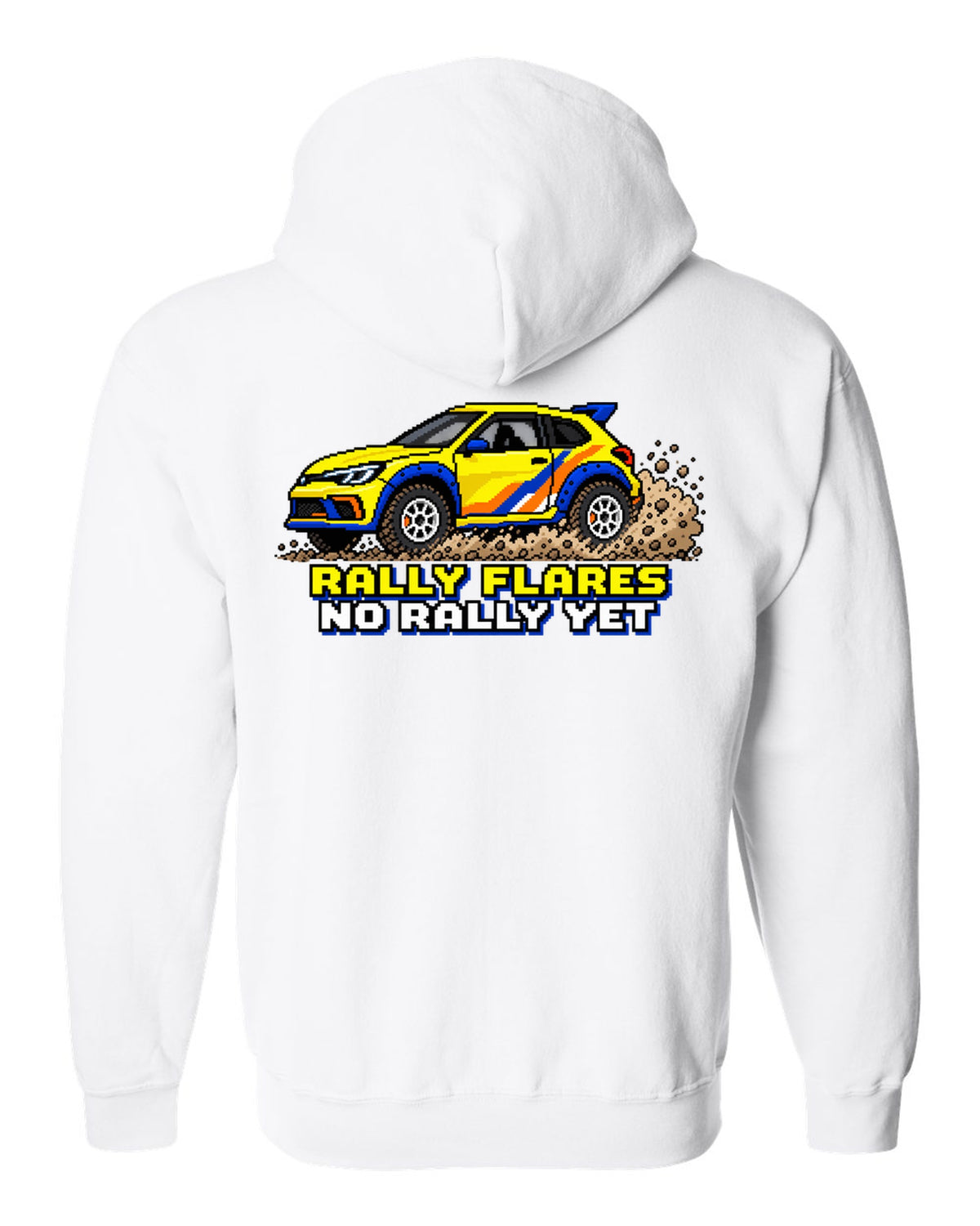 Rivian R3X 16-bit pixel art gravel slide print with the text rally flares no rally yet white zip hoodie back view with the design