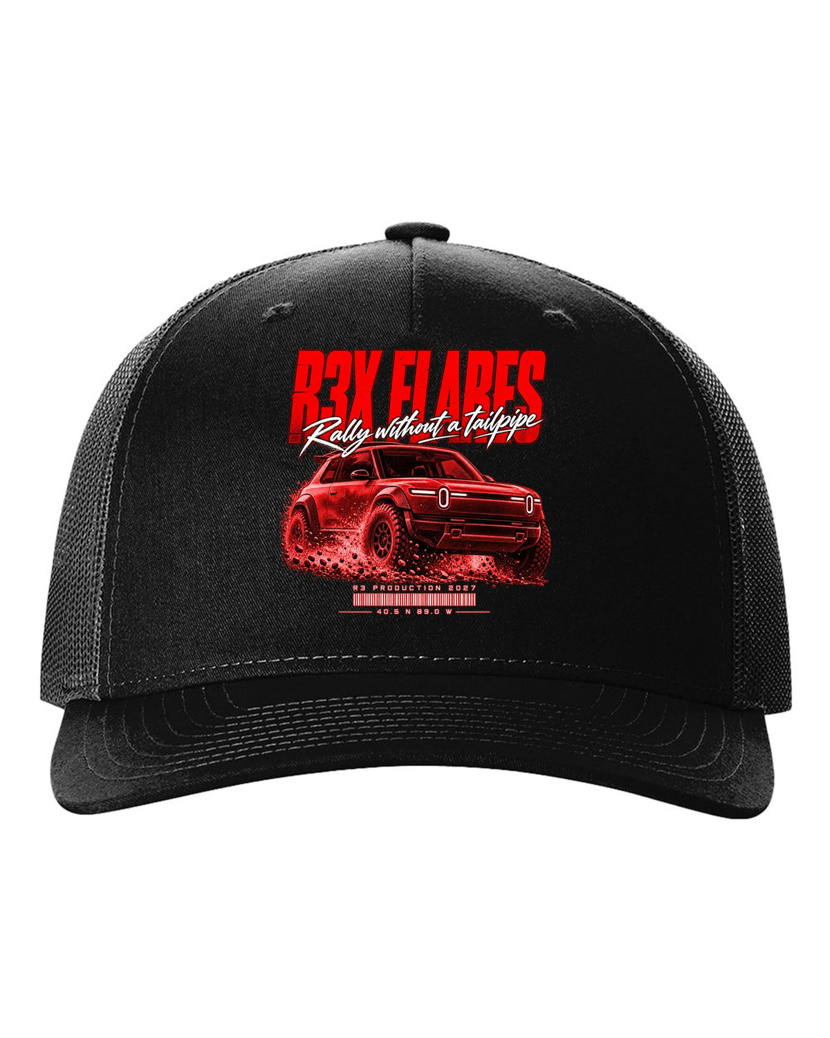 Rally street poster print of a 2027 Rivian R3X with flared arches black hat front view with the design