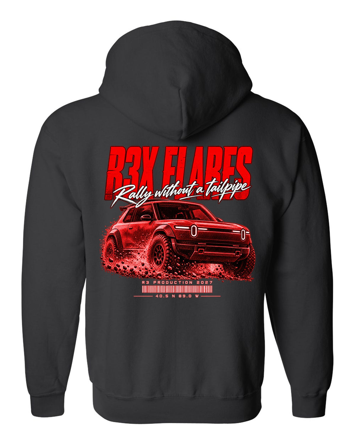 Rally street poster print of a 2027 Rivian R3X with flared arches black zip hoodie back view with the design