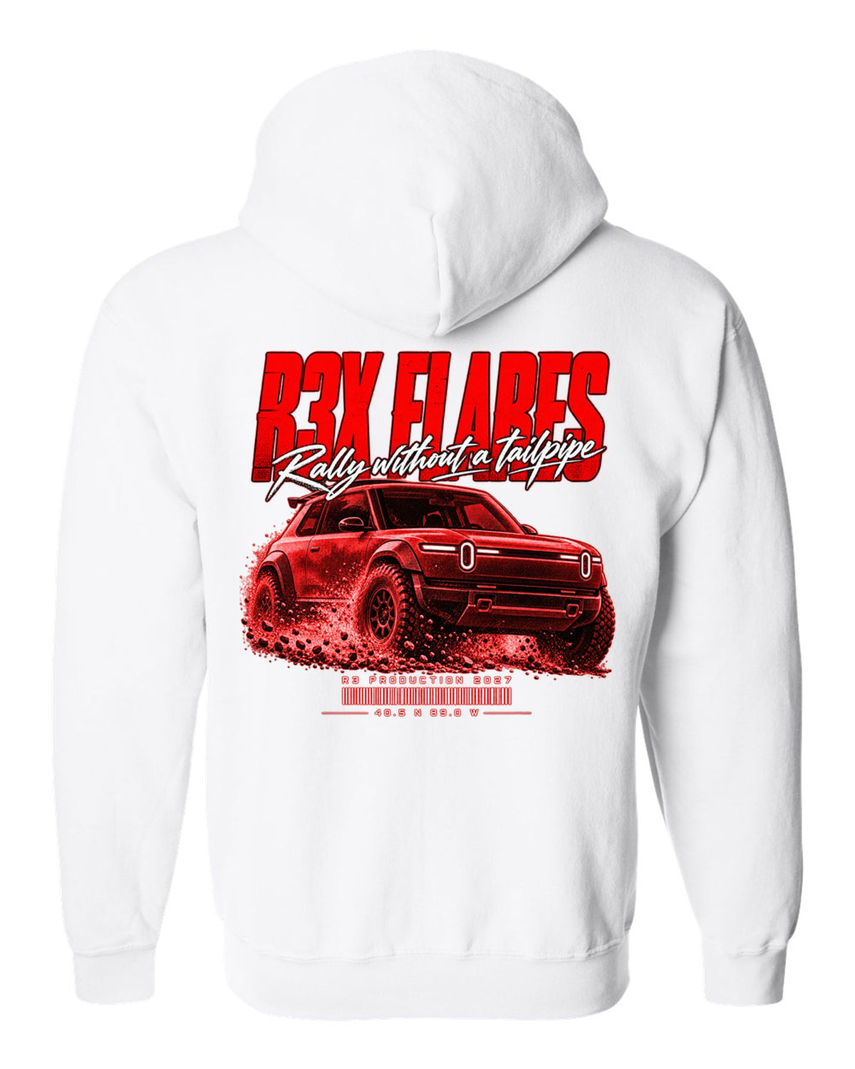 Rally street poster print of a 2027 Rivian R3X with flared arches white zip hoodie back view with the design