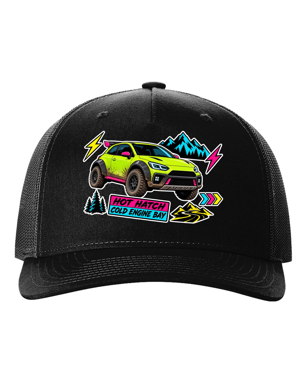 Rivian R3X die-cut slap sticker collage print with the text hot ch cold engine bay black hat front view with the design