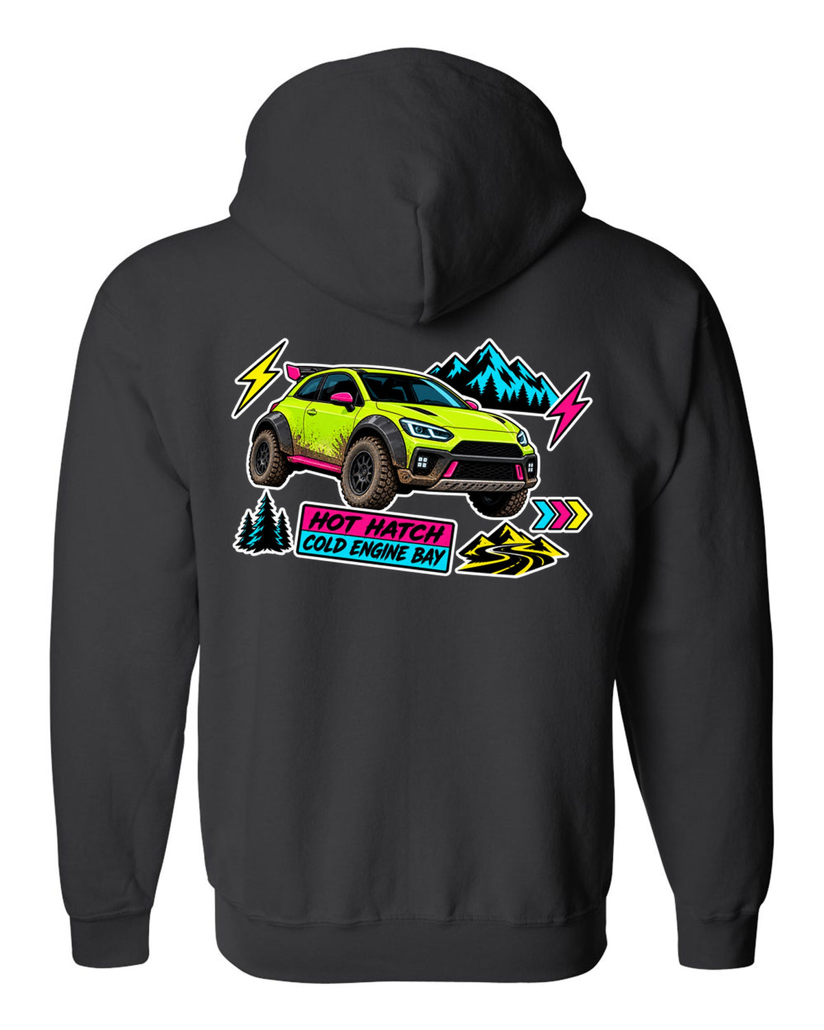 Rivian R3X die-cut slap sticker collage print with the text hot ch cold engine bay black zip hoodie back view with the design