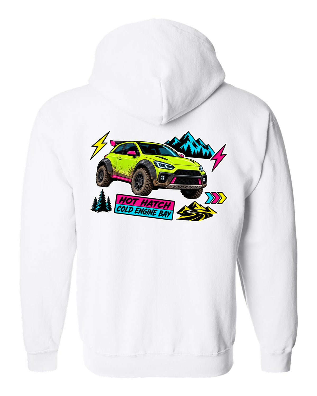 Rivian R3X die-cut slap sticker collage print with the text hot ch cold engine bay white zip hoodie back view with the design