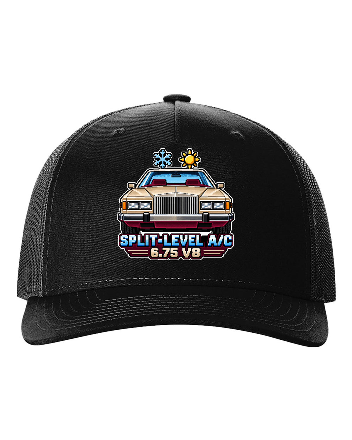16-bit pixel art print of a 1975 Rolls-Royce Camargue with split-level A/C and 6.75 V8 lettering black hat front view with the design