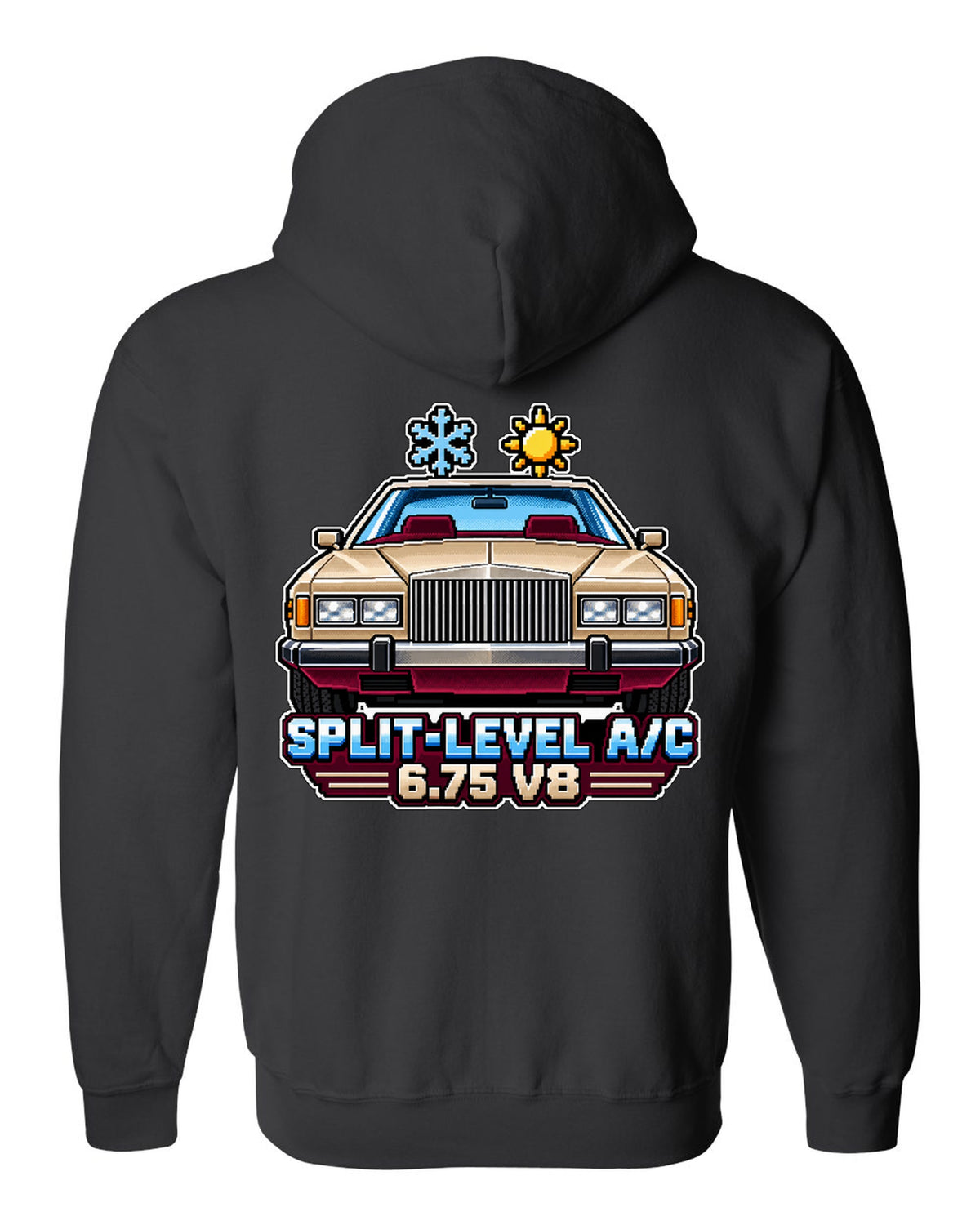 16-bit pixel art print of a 1975 Rolls-Royce Camargue with split-level A/C and 6.75 V8 lettering black zip hoodie back view with the design