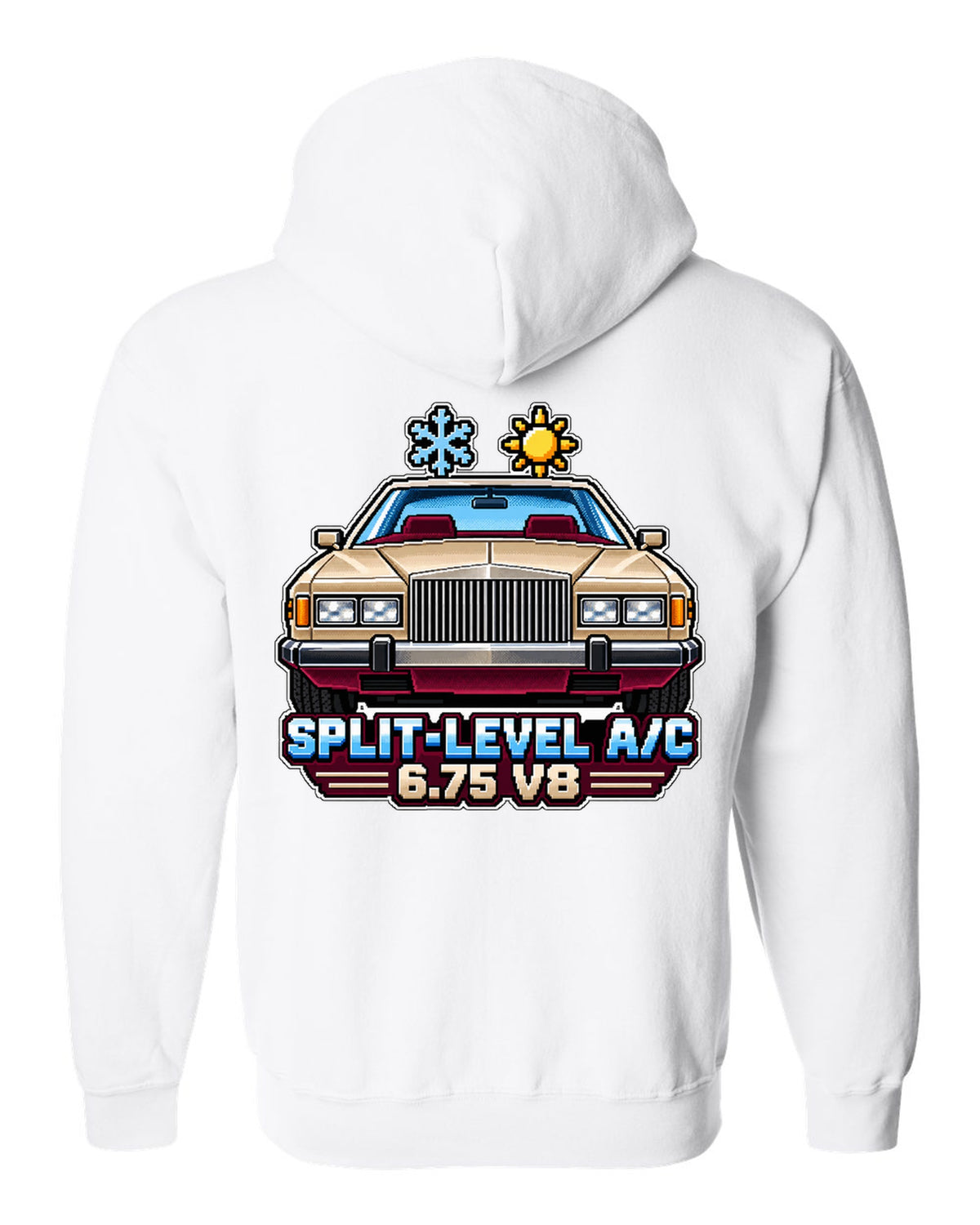 16-bit pixel art print of a 1975 Rolls-Royce Camargue with split-level A/C and 6.75 V8 lettering white zip hoodie back view with the design