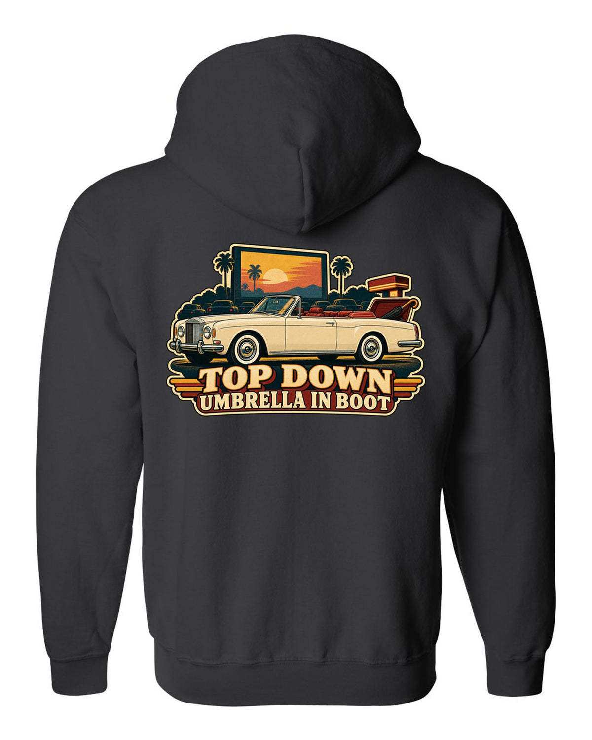 Retro Japanese showa catalogue style illustration of a 1971 Rolls-Royce Corniche convertible with TOP DOWN lettering black zip hoodie back view with the design