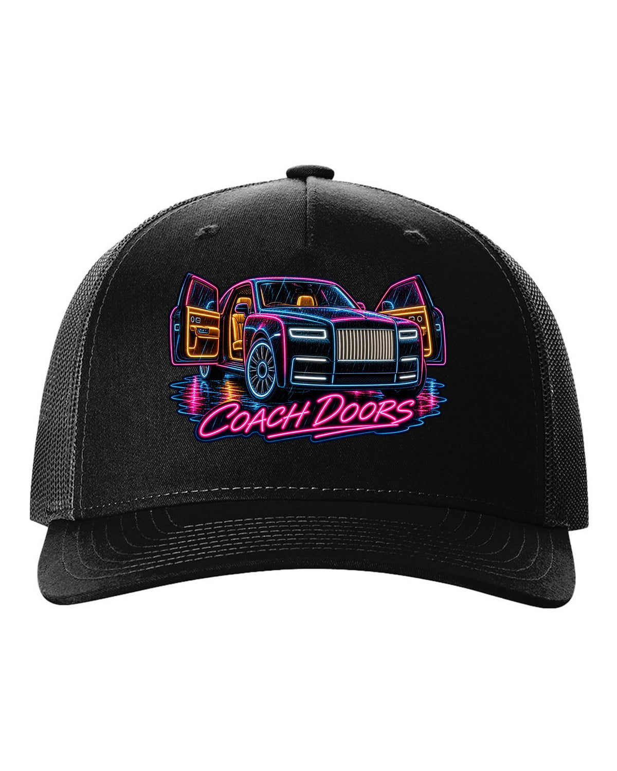 Neon sign style print of a Rolls-Royce Phantom VIII in rain with coach doors lettering black hat front view with the design