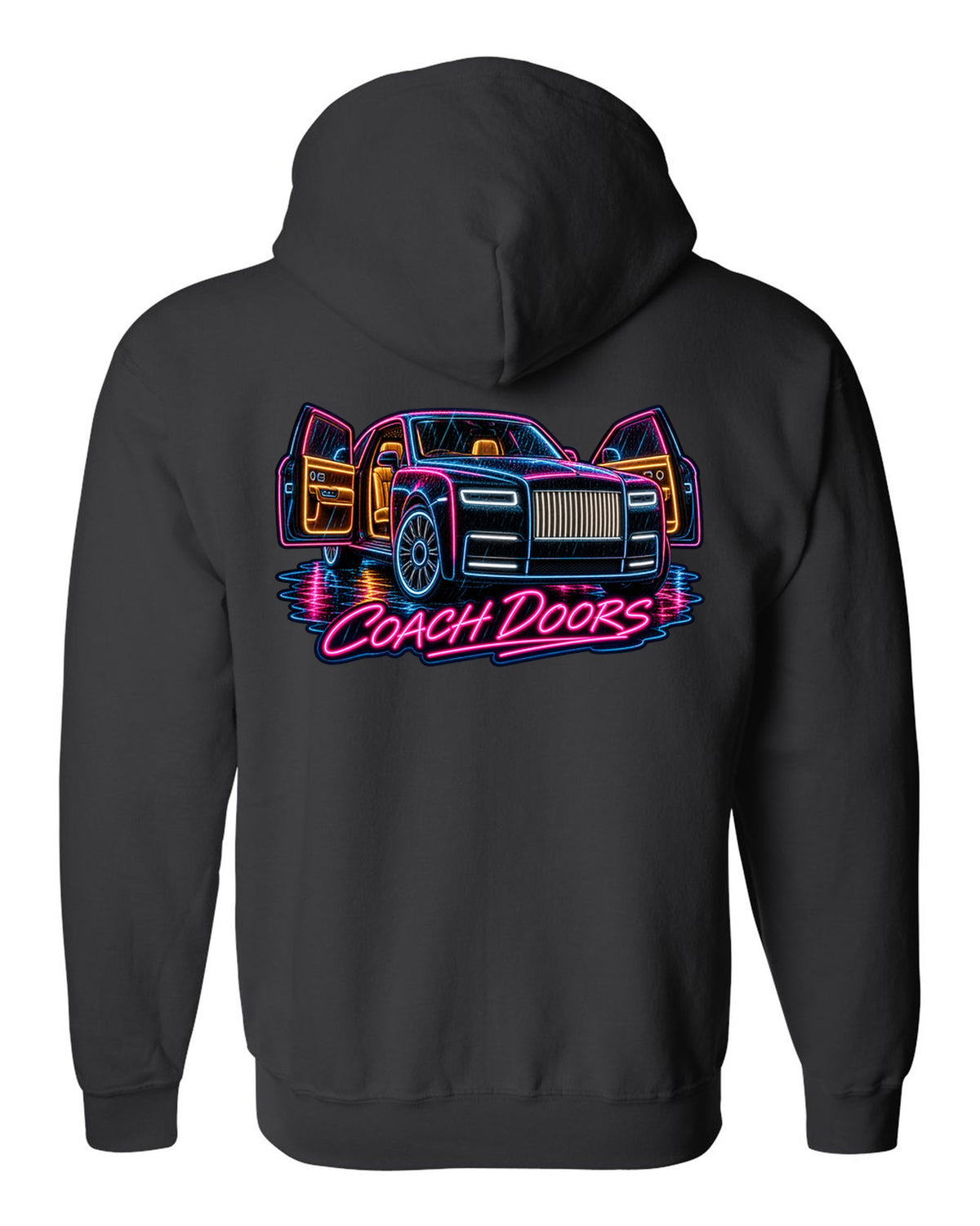 Neon sign style print of a Rolls-Royce Phantom VIII in rain with coach doors lettering black zip hoodie back view with the design