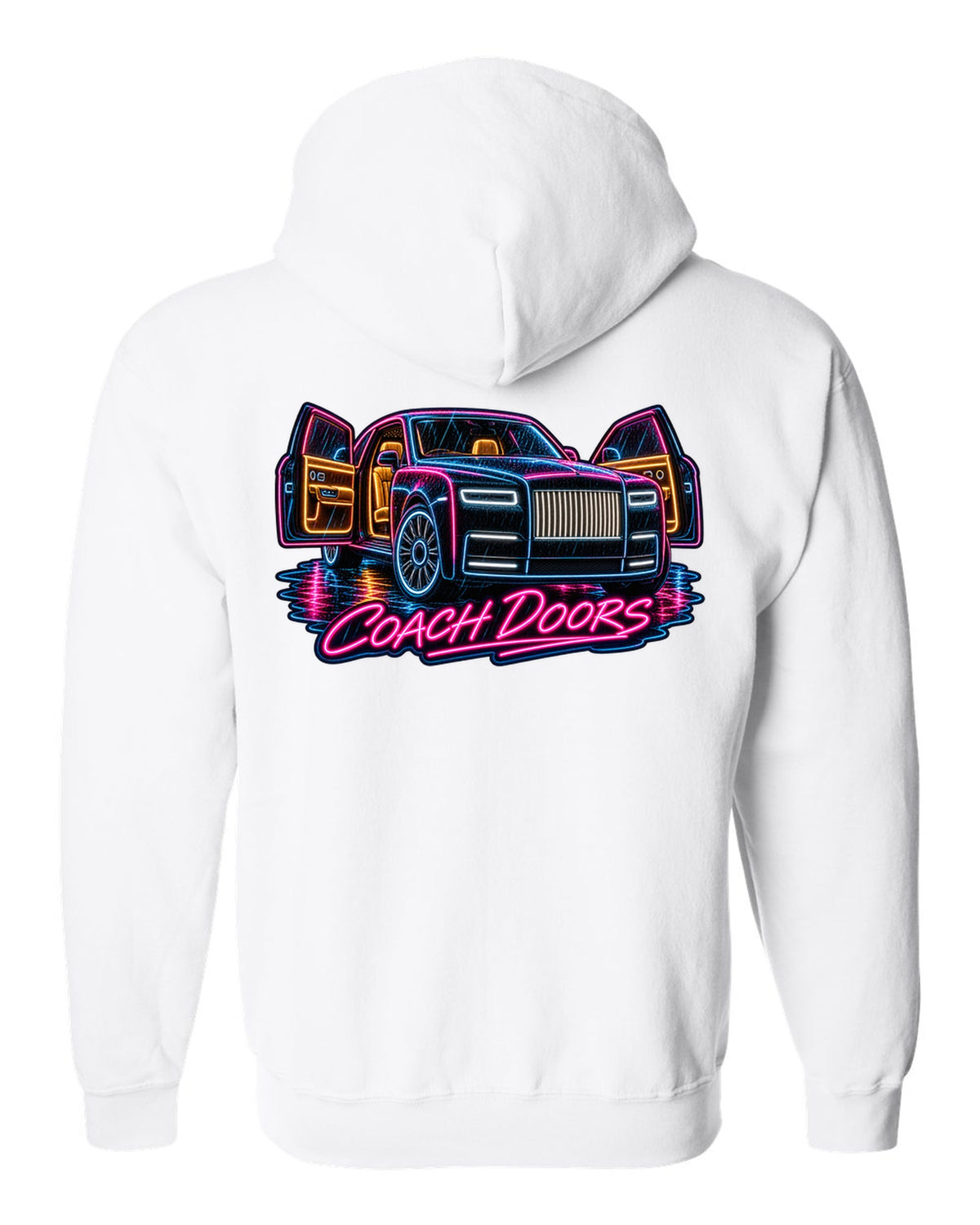 Neon sign style print of a Rolls-Royce Phantom VIII in rain with coach doors lettering white zip hoodie back view with the design
