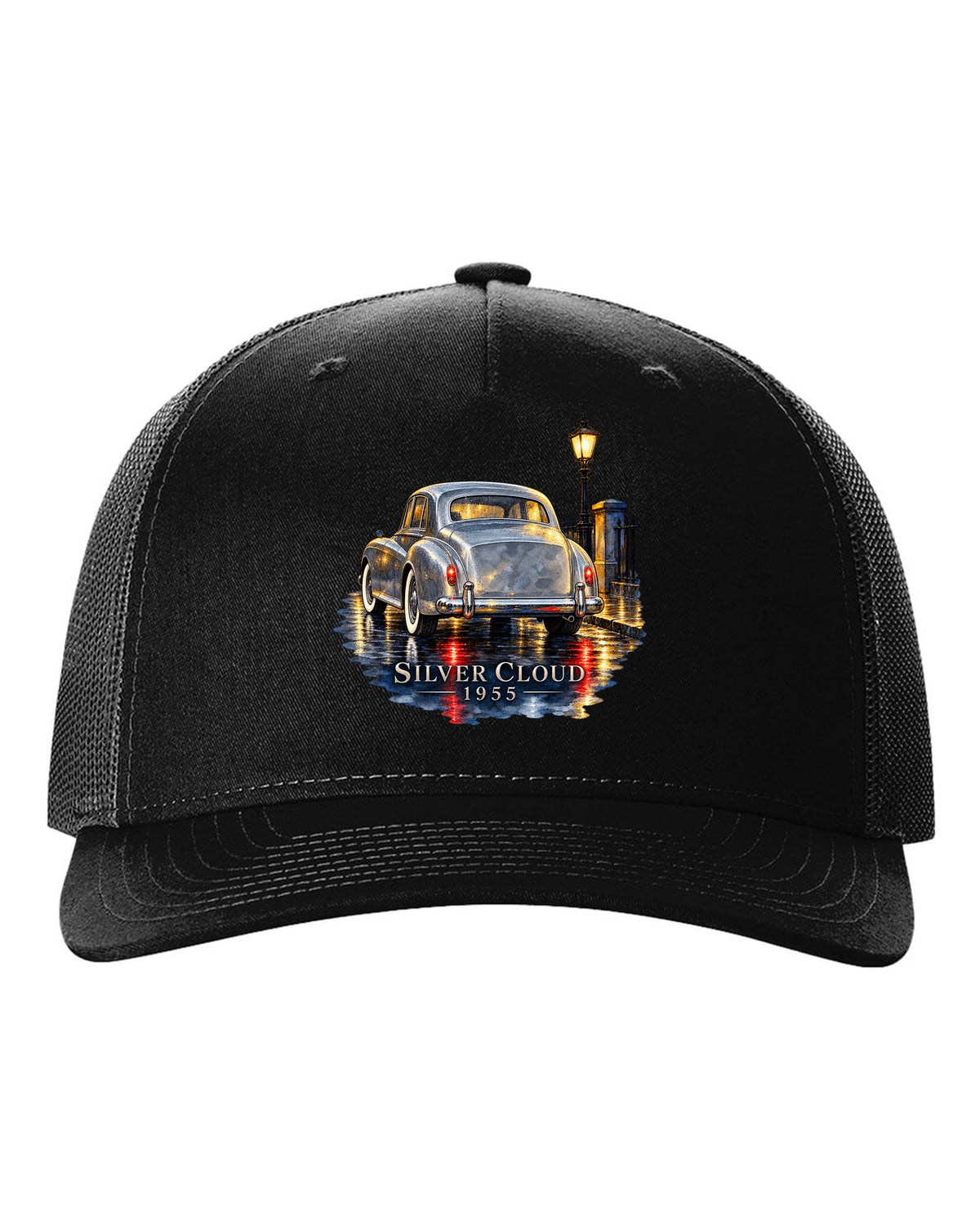 Watercolour painting of a 1955 Rolls-Royce Silver Cloud on a rainy night road with SILVER CLOUD lettering black hat front view with the design