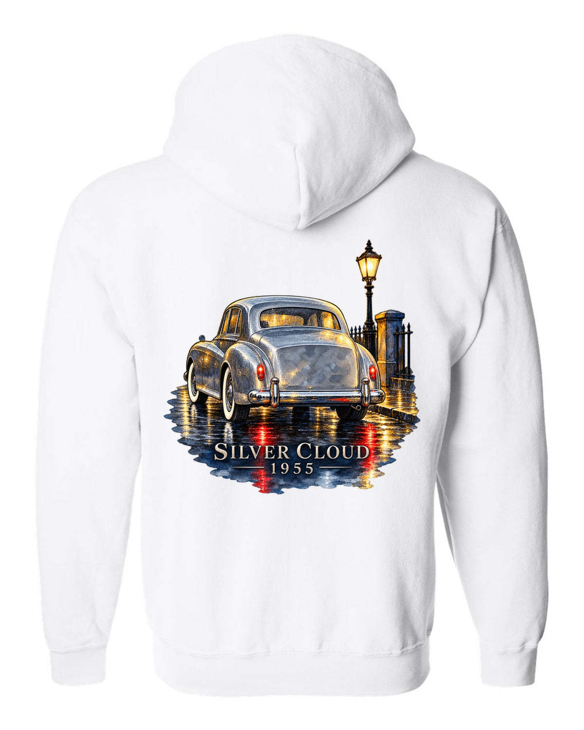 Watercolour painting of a 1955 Rolls-Royce Silver Cloud on a rainy night road with SILVER CLOUD lettering white zip hoodie back view with the design